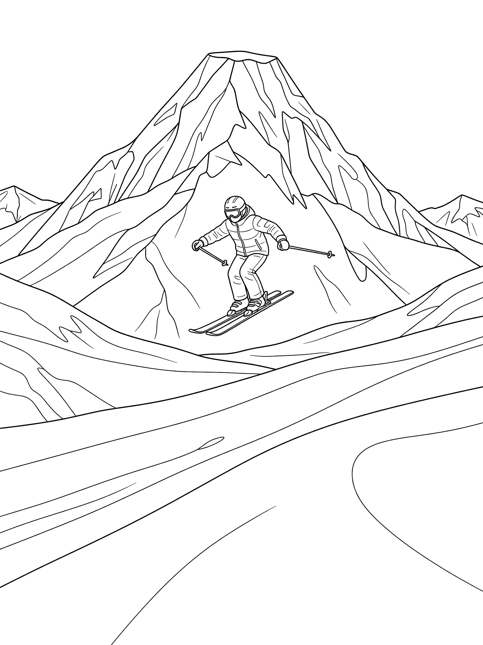 Line art coloring page showing a skier jumping from a high pointed mountain peak into snowy valley, wearing goggles and suit, holding poles.