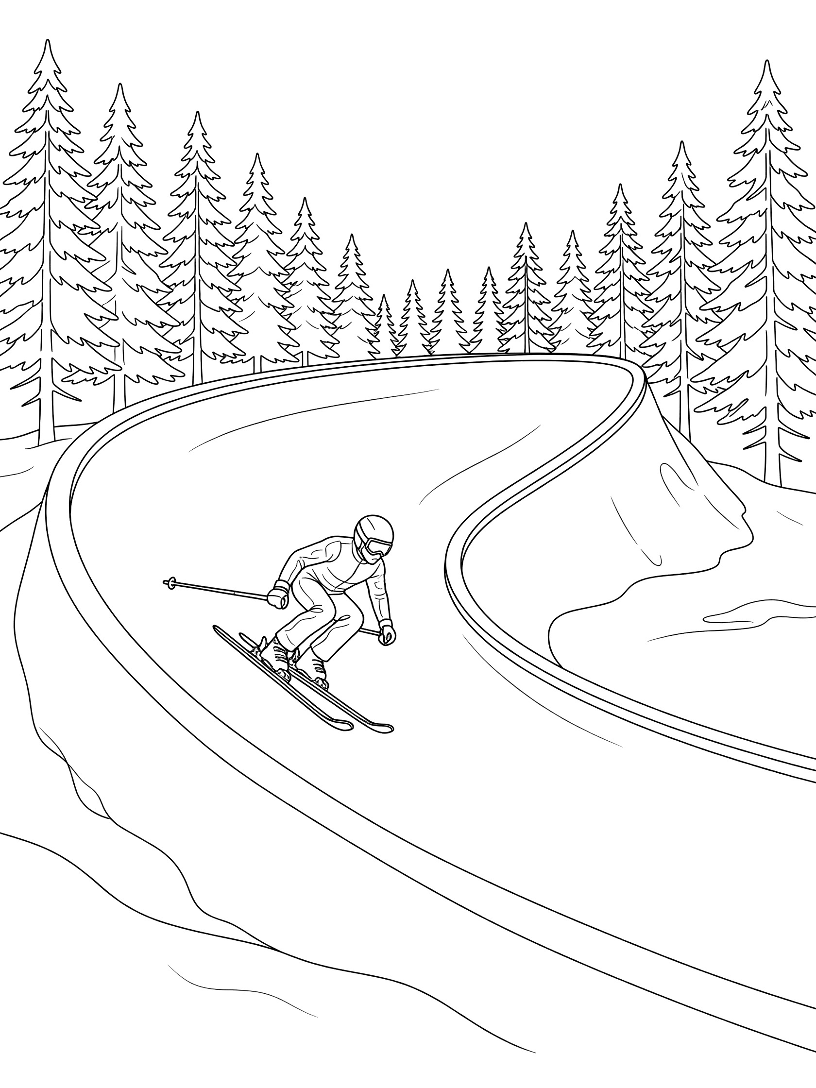 Black and white line art of a skier in a low crouch speeding down a curved ski jumping in-run with pine trees on both sides and pure white background.