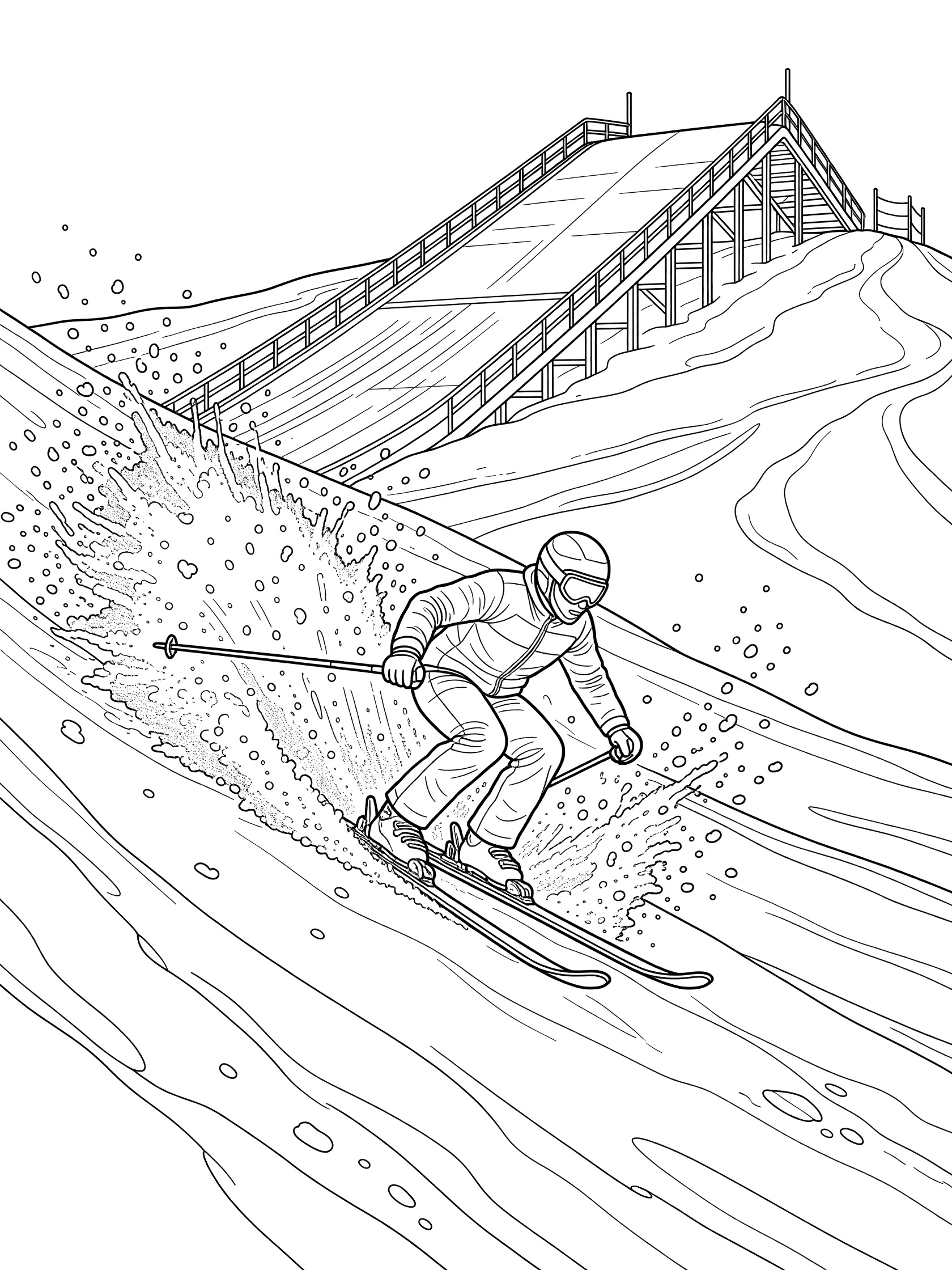 Line art coloring page showing a skier touching down in ski jumping with bent knees, skis kicking up snow particles, and detailed ski jump ramp in the distance