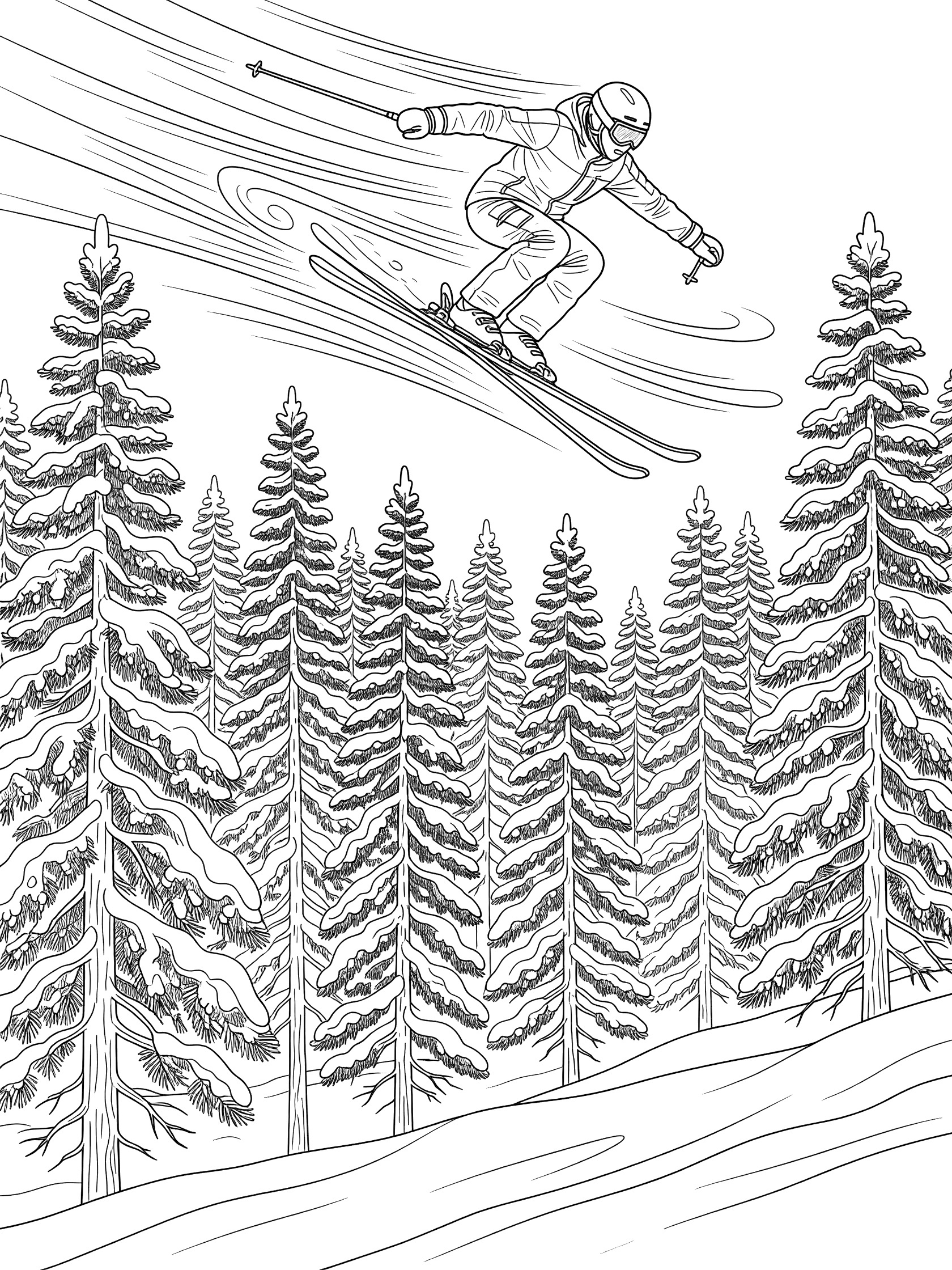 Black and white line art of a skier in flight during ski jumping, arching over tall pine trees in a snowy forest with speed lines and V-shaped skis.