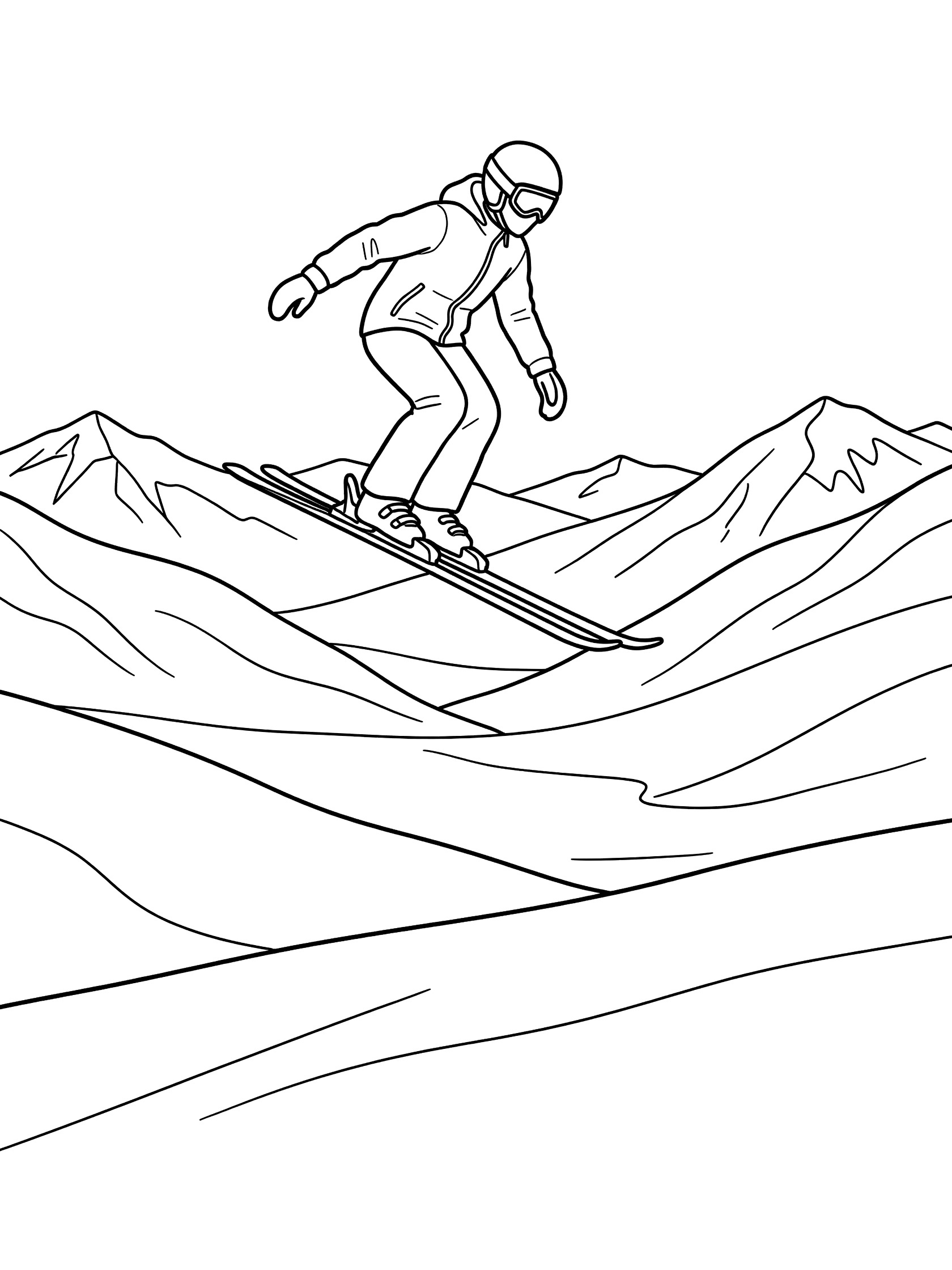 Line art coloring page showing a skier gliding high during ski jumping over a snowy valley with distant peaks