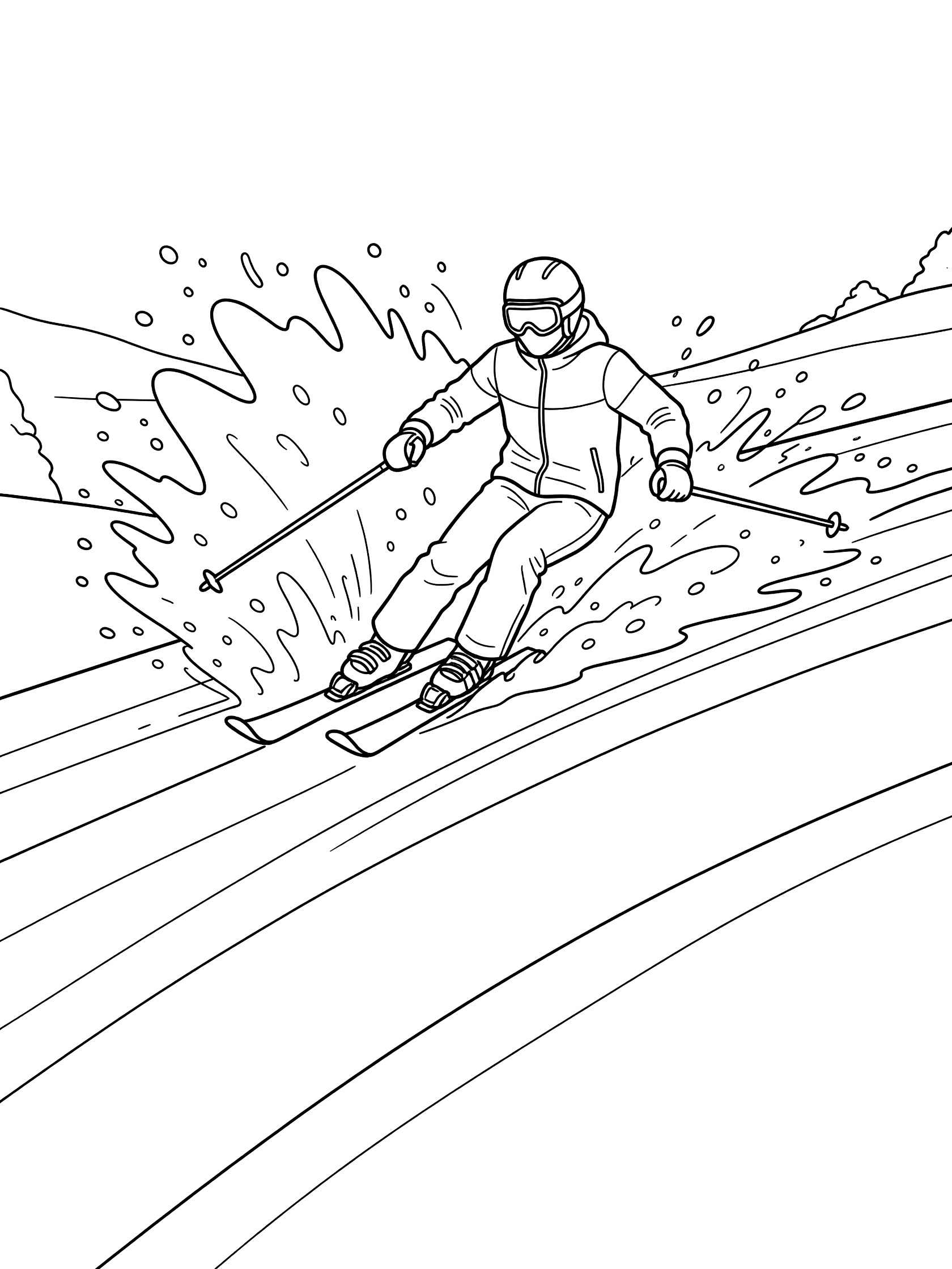 Black and white line art of a skier doing a telemark landing in ski jumping, with one ski ahead, poles out, helmet and goggles, snow spraying from skis on a slope.