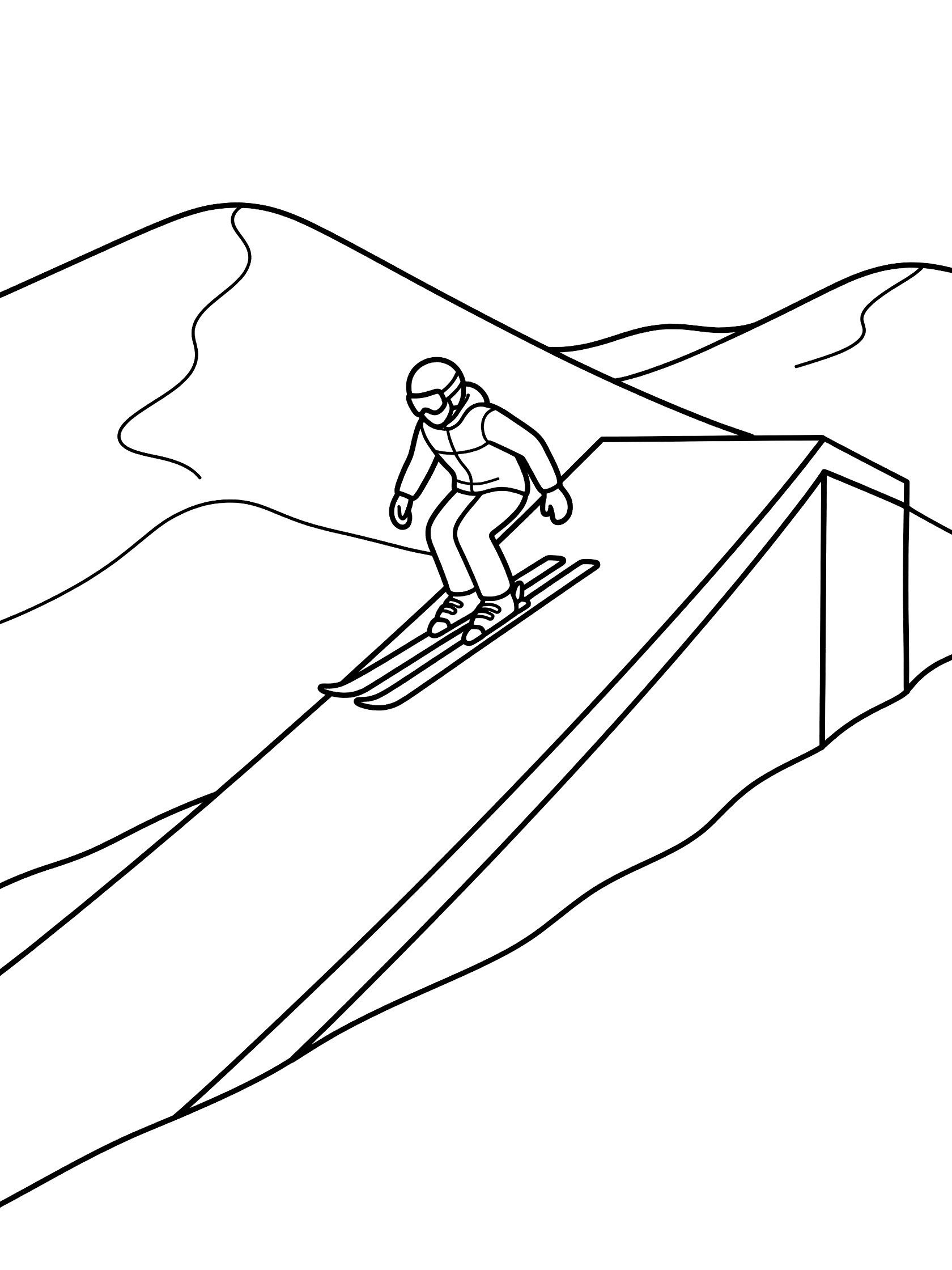 Line art coloring page showing a skier in mid-air launch from a ski jumping ramp, skis pointed forward, body tucked, with snowy hills behind