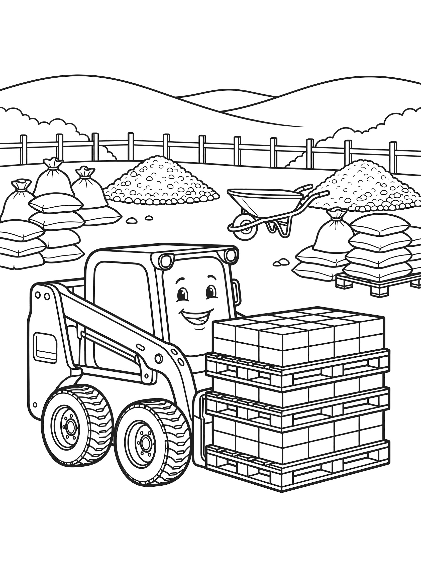 Black-and-white coloring page of a friendly skid steer loader using forks to lift stacked wooden pallets loaded with bricks, in a construction site with wheelbarrow, sandbags, gravel piles, fence, and hills.