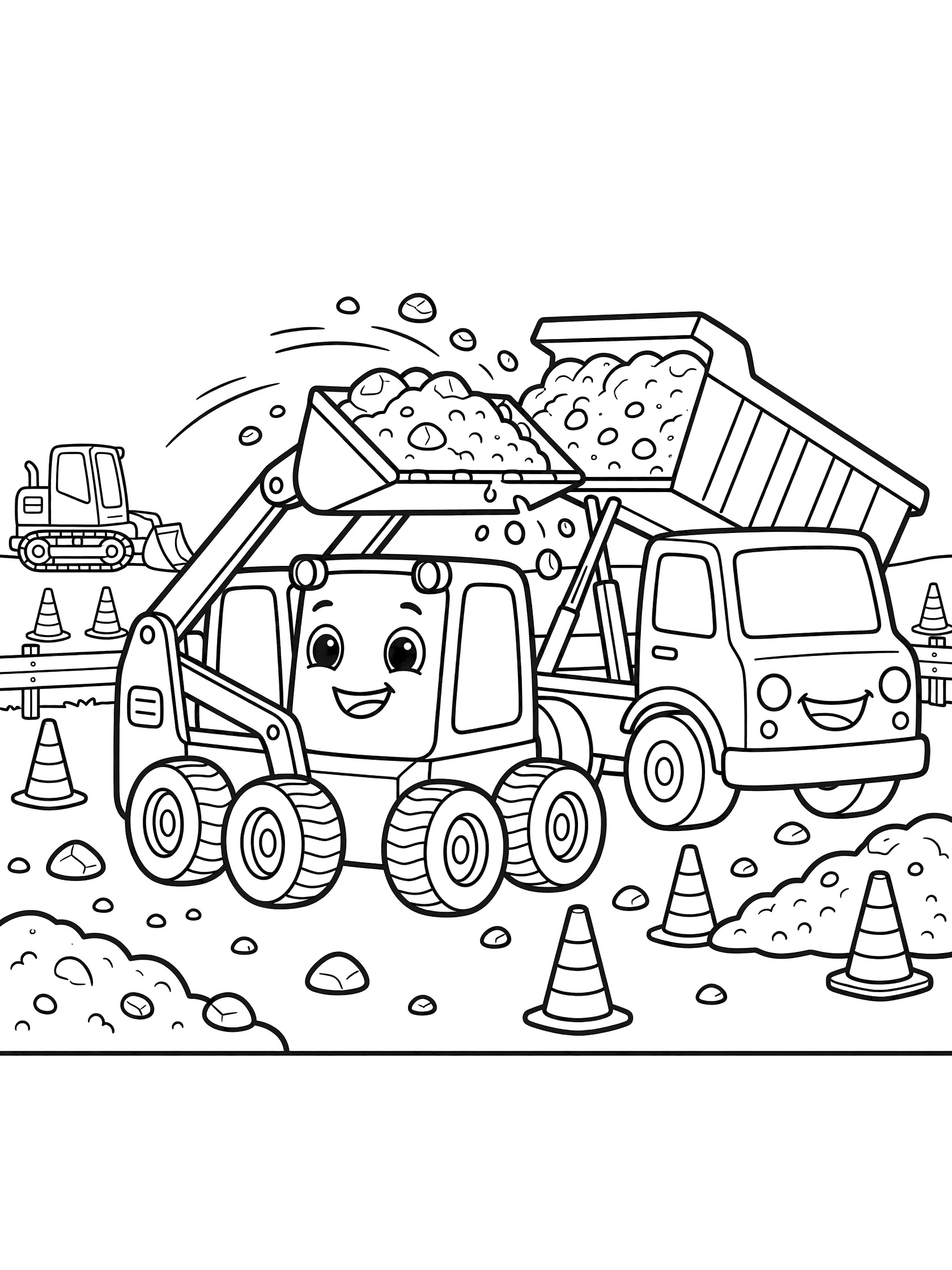 Cartoon skid steer with big eyes raising bucket full of rocks to dump into a grinning dump truck, with gravel spilling, cones, and dirt piles at a sunny job site.