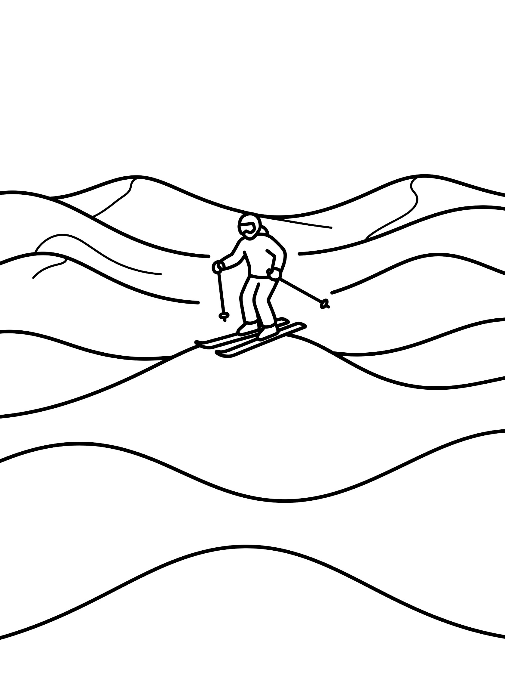 Black and white coloring page showing a skier in helmet and outfit balancing atop a rounded mogul with skis and poles on geometric snowy bumps.