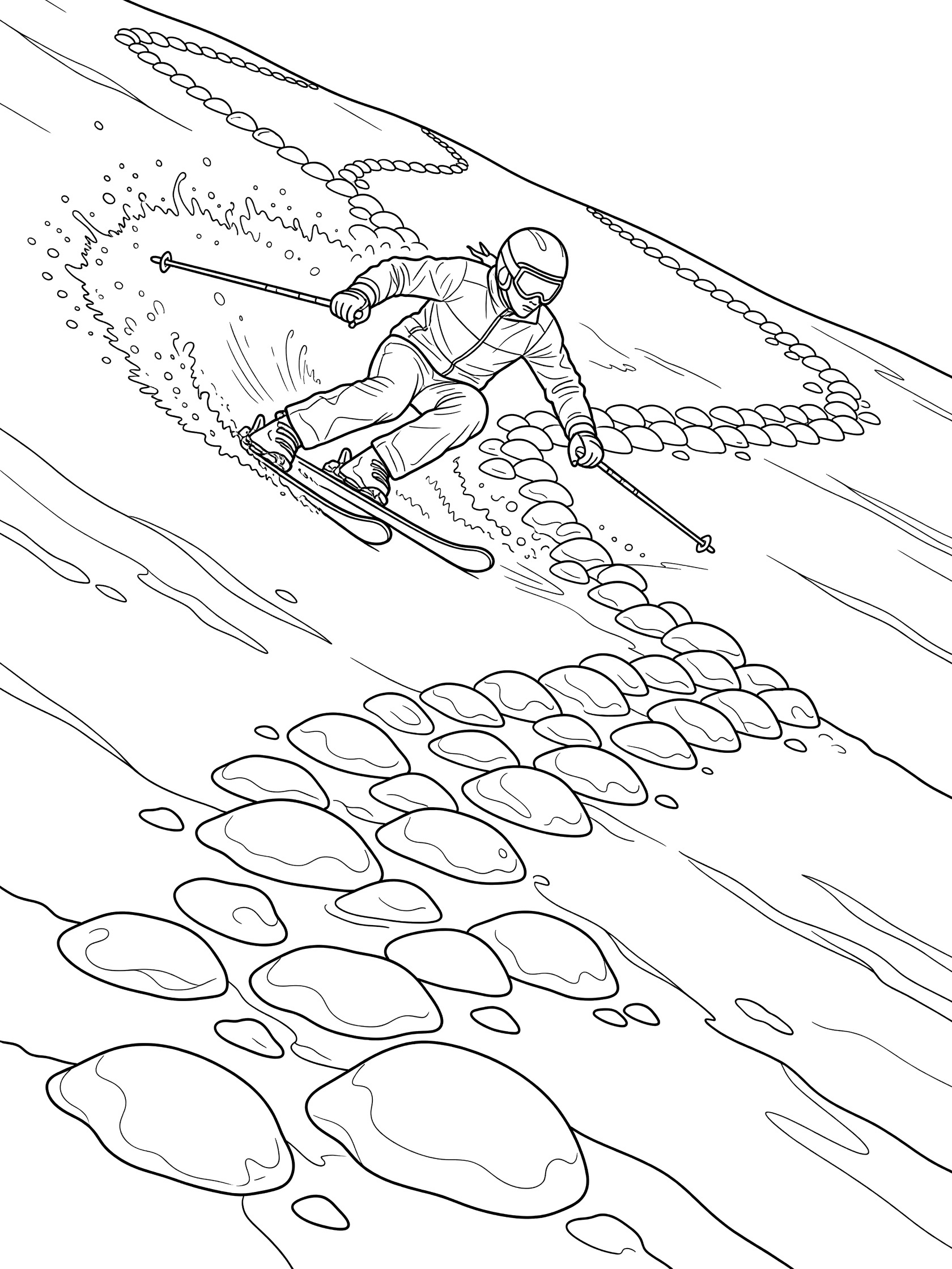 Black and white coloring page showing a skier leaning into turns between bumpy moguls, skis spraying snow on a steep hill