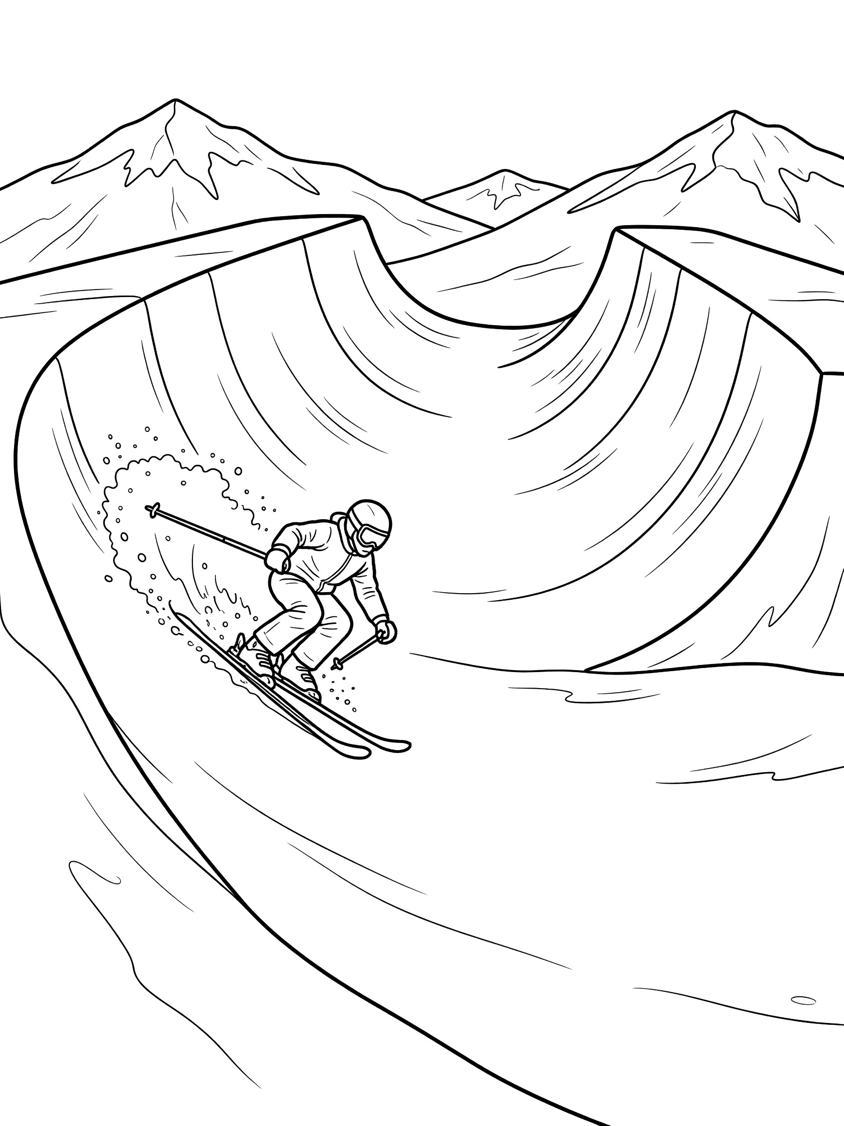 Black and white line art of a skier leaning back while carving sharply up the steep halfpipe wall, skis kicking up snow, with symmetric halfpipe and distant mountains.