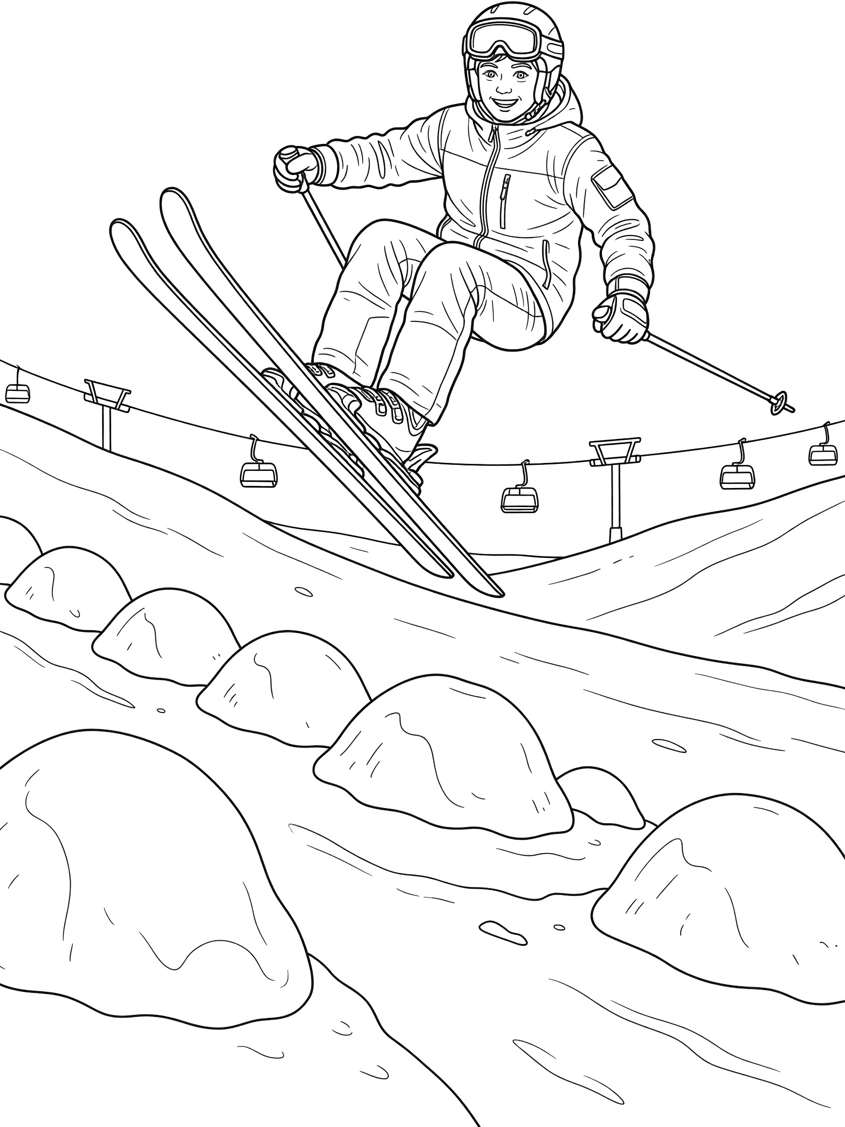 Black and white line art of skier mid-air trick over moguls with crossed skis, smile, helmet, and distant chairlift