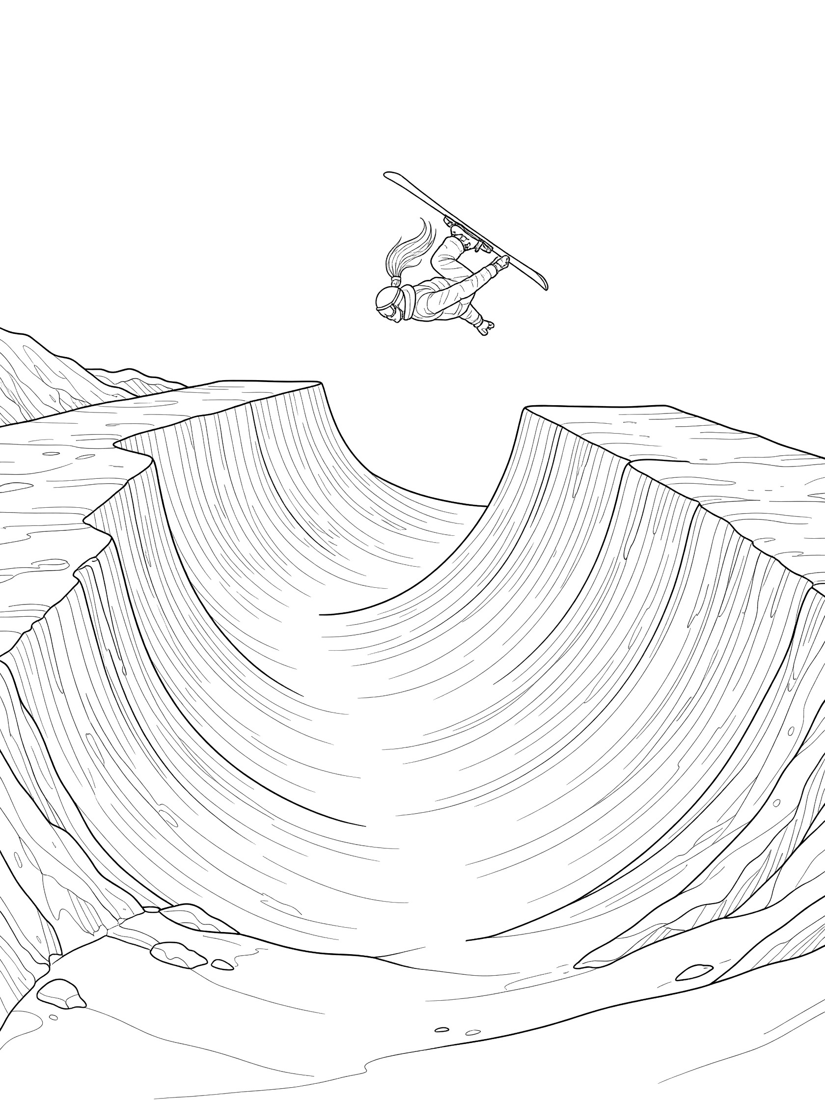 Black and white line art of a female skier performing a backflip over halfpipe lip, ponytail flying, skis leading, with ridged snow walls.