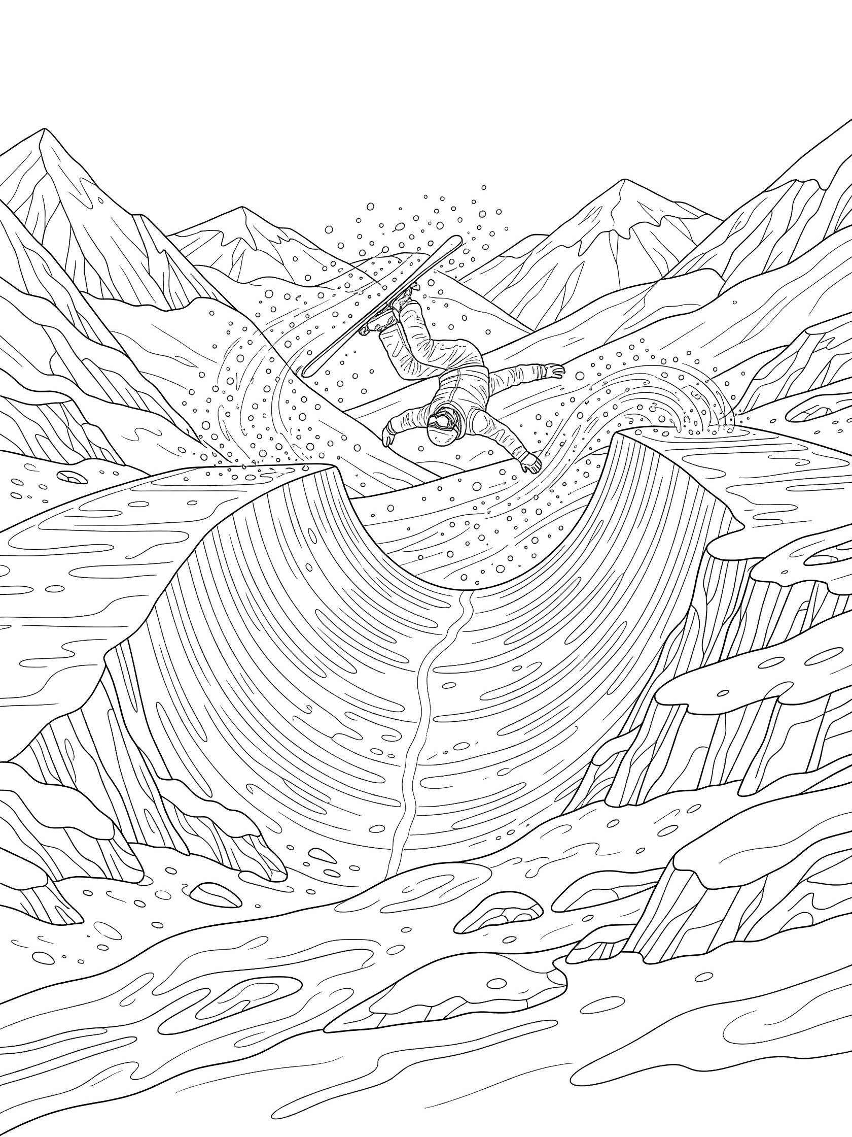 Line art coloring page showing skier inverted in McTwist trick grabbing ski tail in halfpipe with snow spray and rocky valley background
