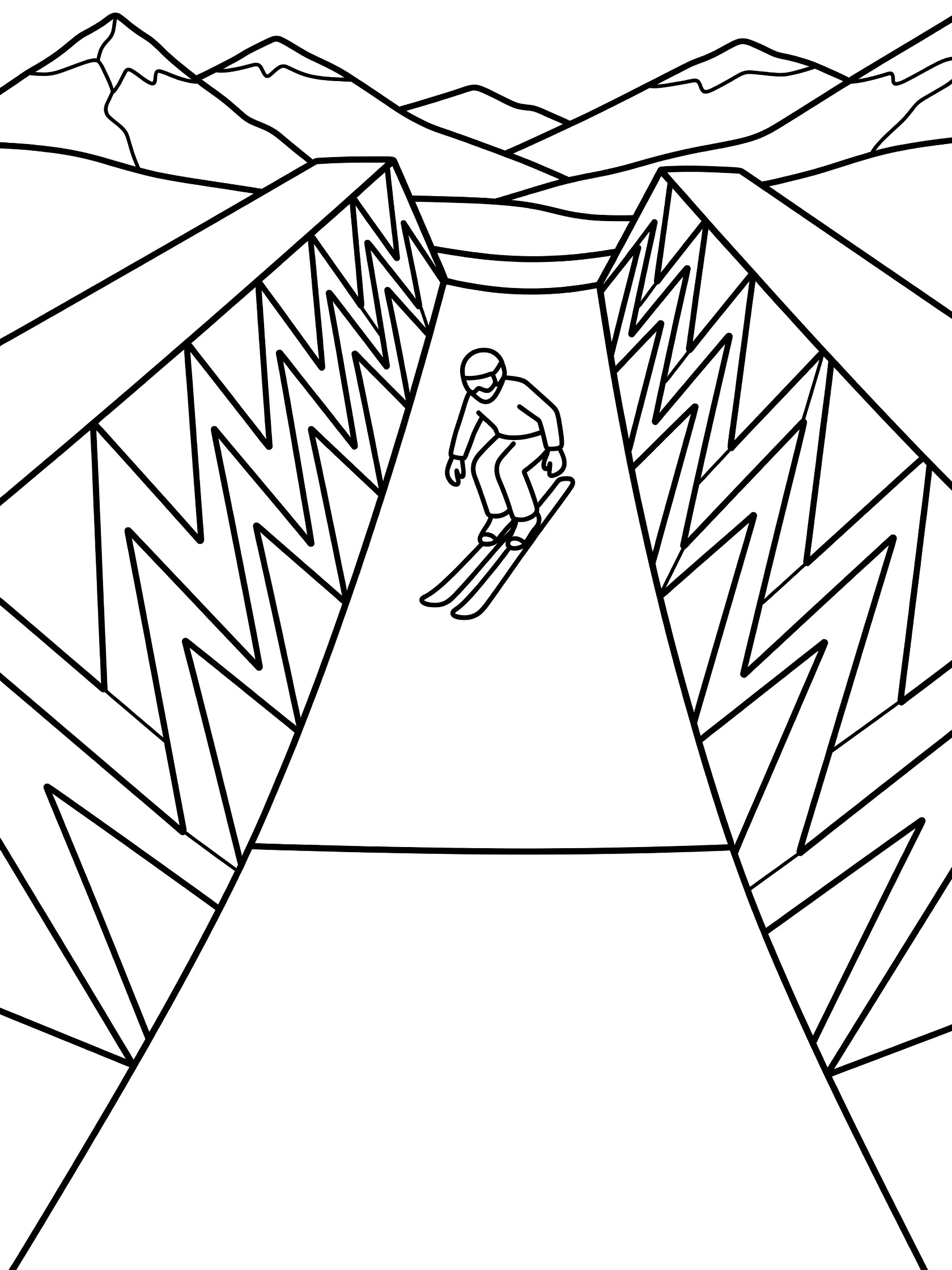 Line art coloring page showing a skier in action dropping into a halfpipe, hands on knees, skis straight down the smooth wall with zigzag snow designs and distant mountains.