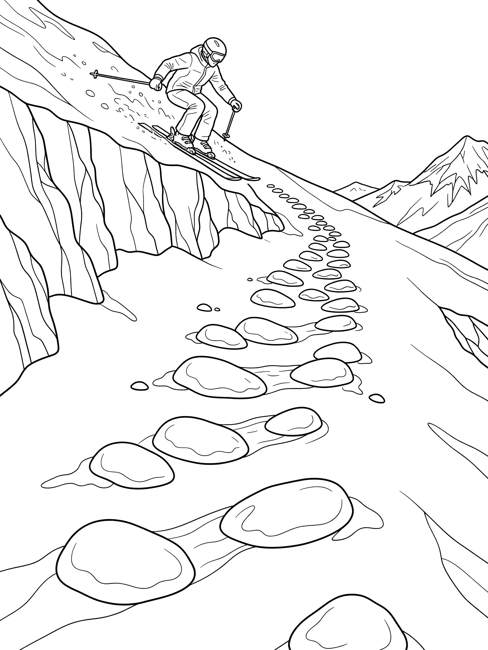 Black and white line art of a skier in helmet and gear dropping into a series of moguls from a snowy cliff edge, with mountains in the background.