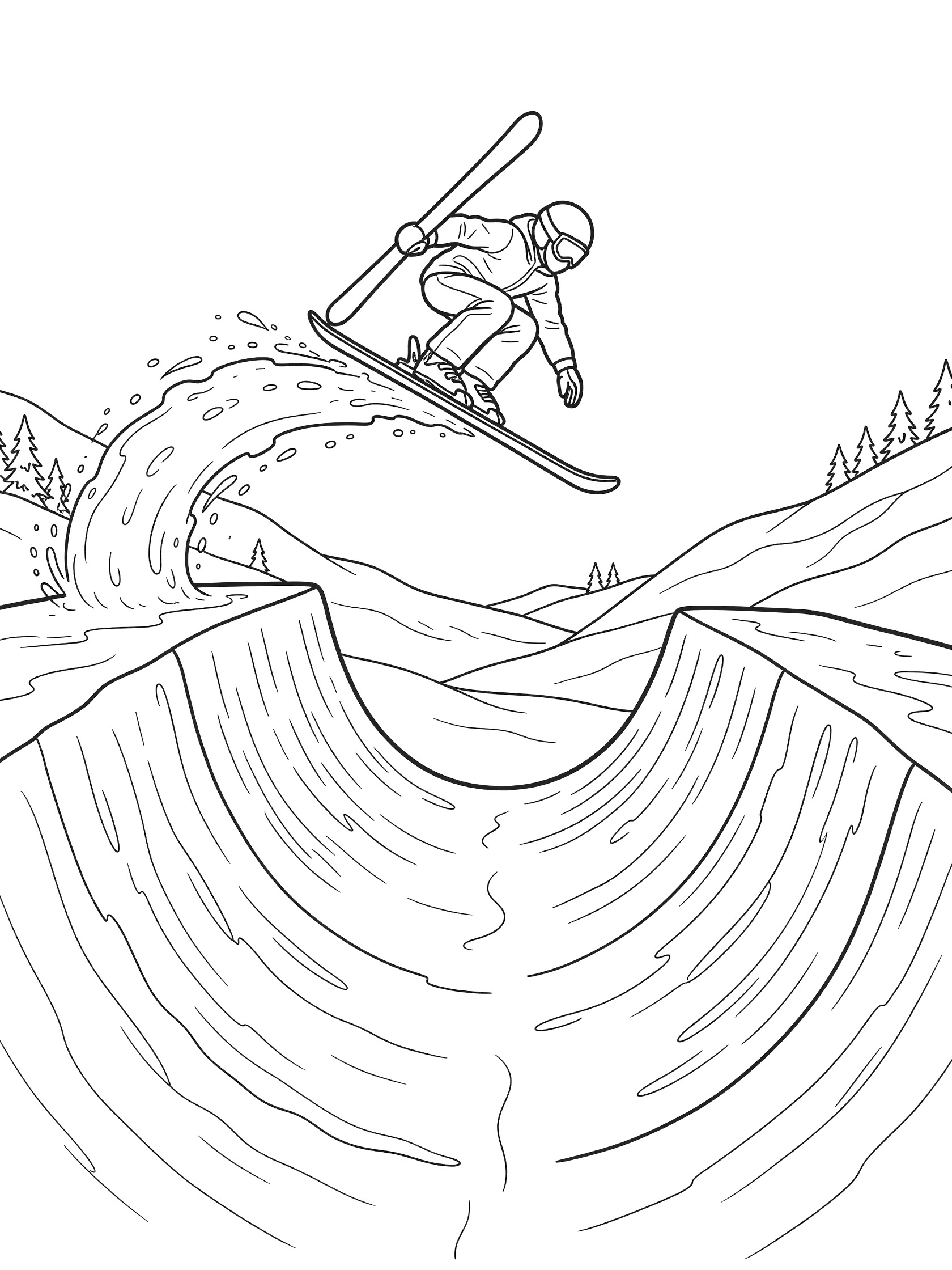 Black and white coloring page of a skier in mid-air above halfpipe grabbing ski nose with snow spray and mountain background