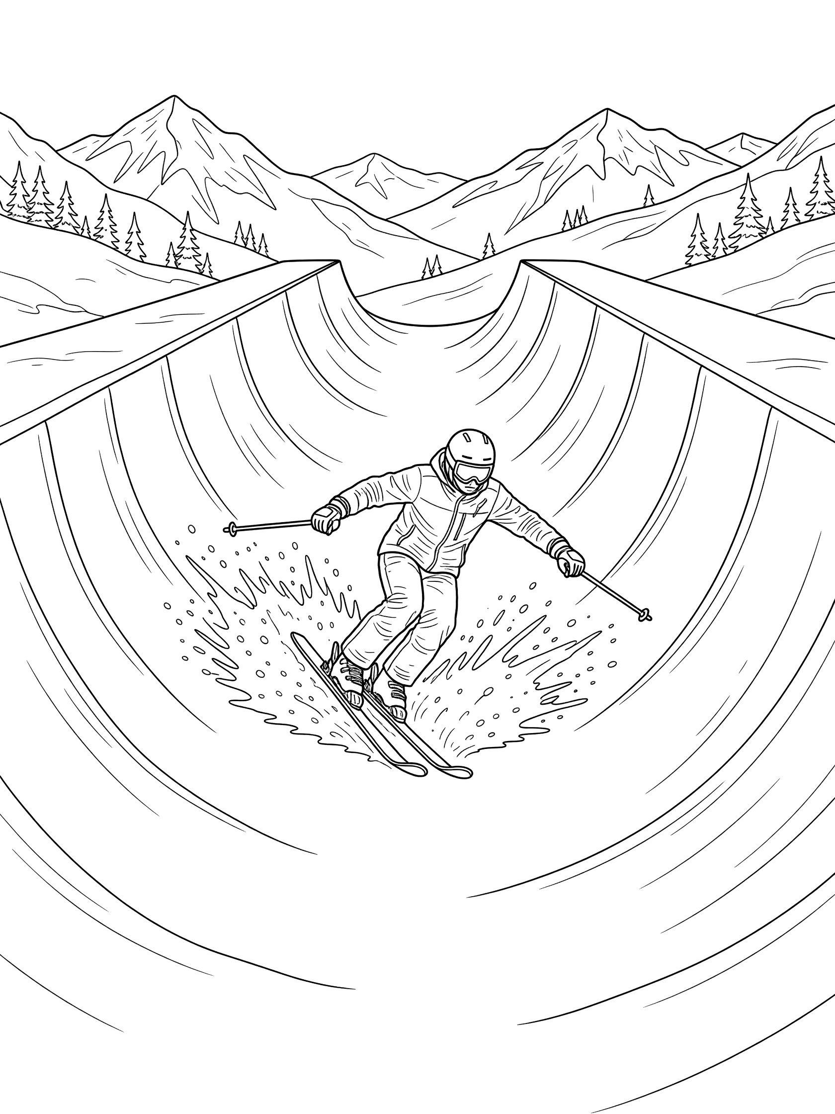 Black and white line art coloring page showing skier landing smoothly in halfpipe center in switch stance, skis parallel, snow spray, curved halfpipe sides, and frosty mountains.