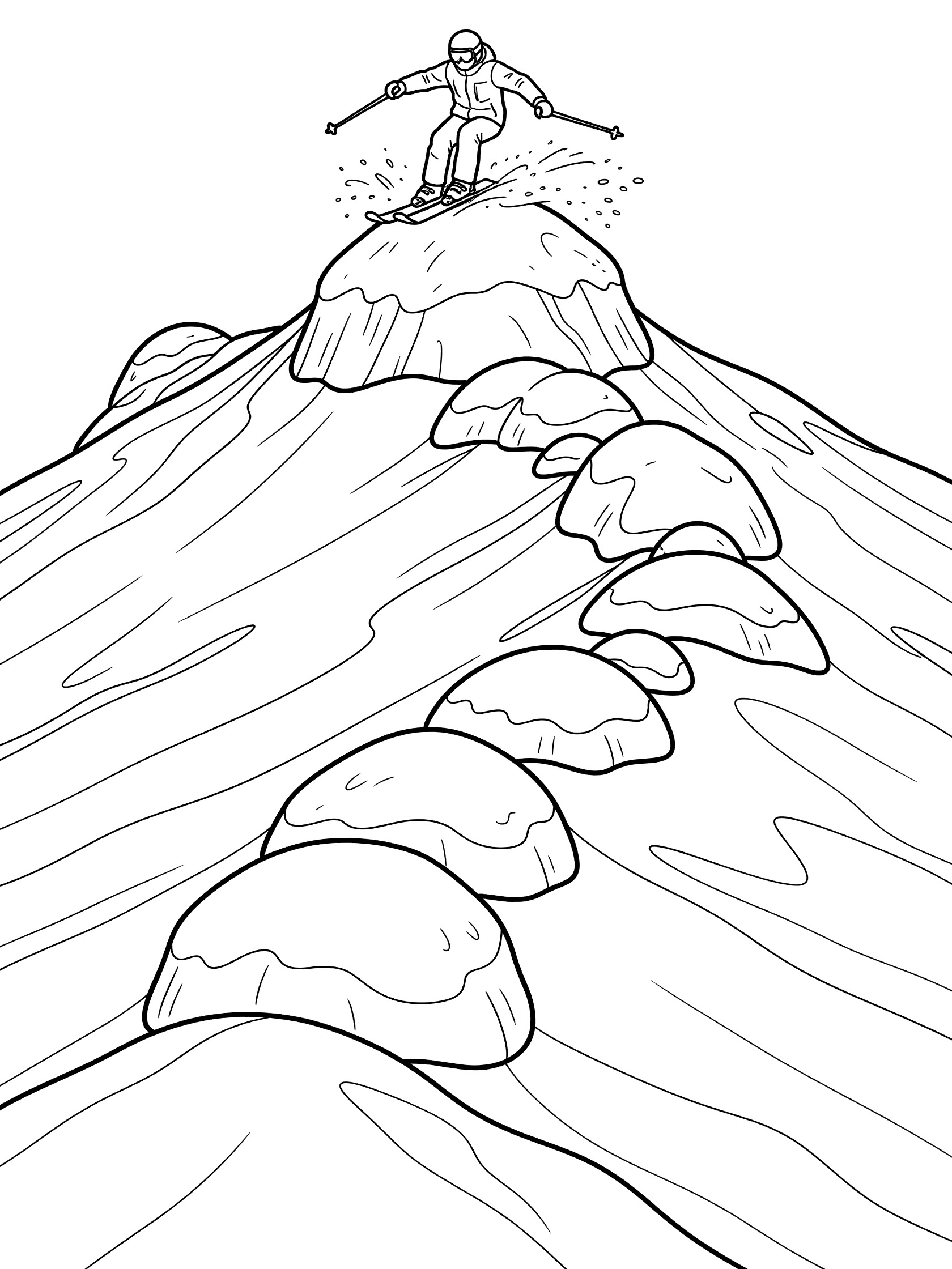 Line art coloring page showing a skier with bent knees and outstretched arms landing a jump off a big mogul peak onto a powdery snow slope with more moguls.
