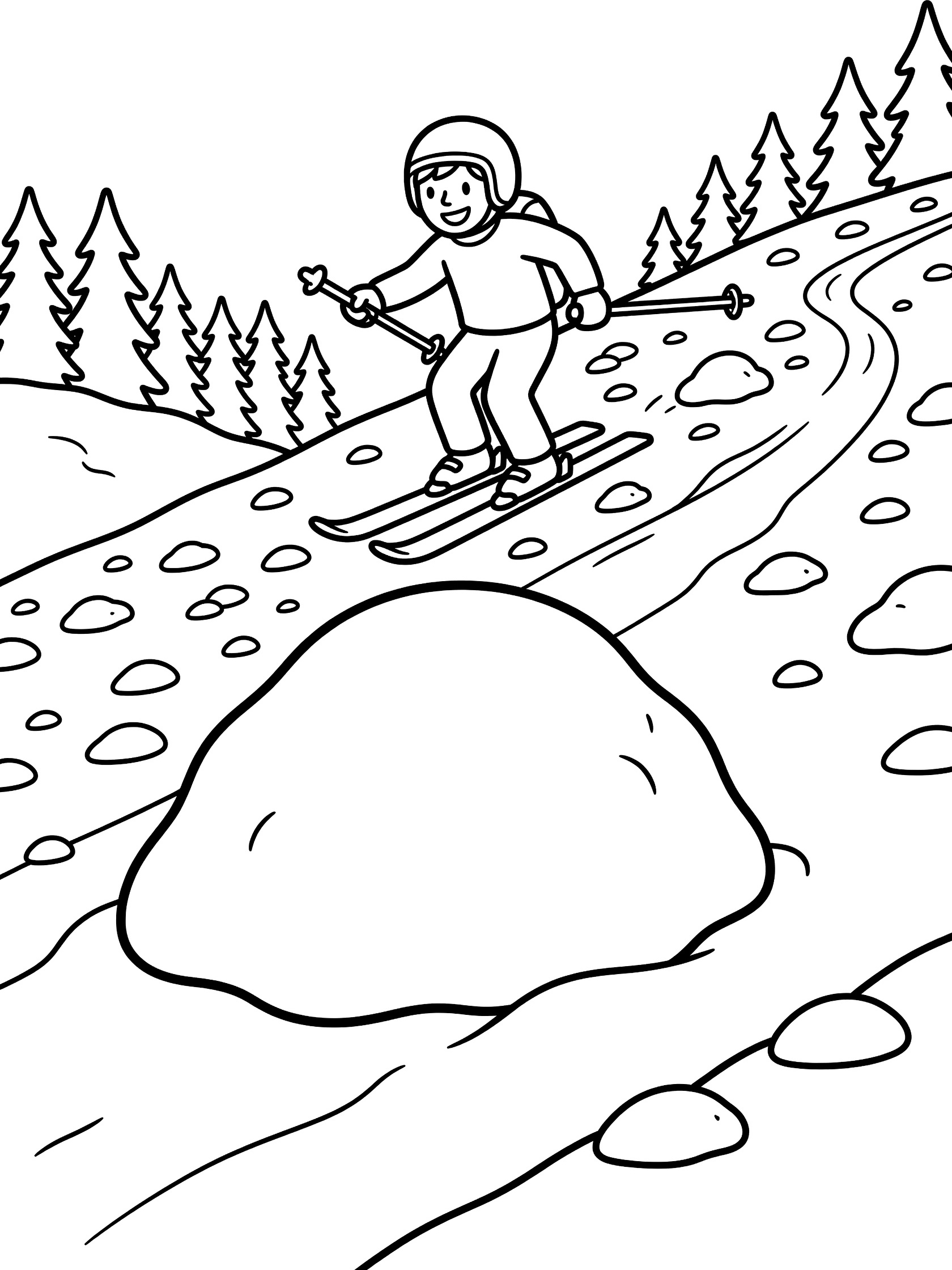Cheerful skier in helmet jumping high over large mogul with straight skis and tucked poles on bumpy moguls ski slope with distant pine trees, line art coloring page
