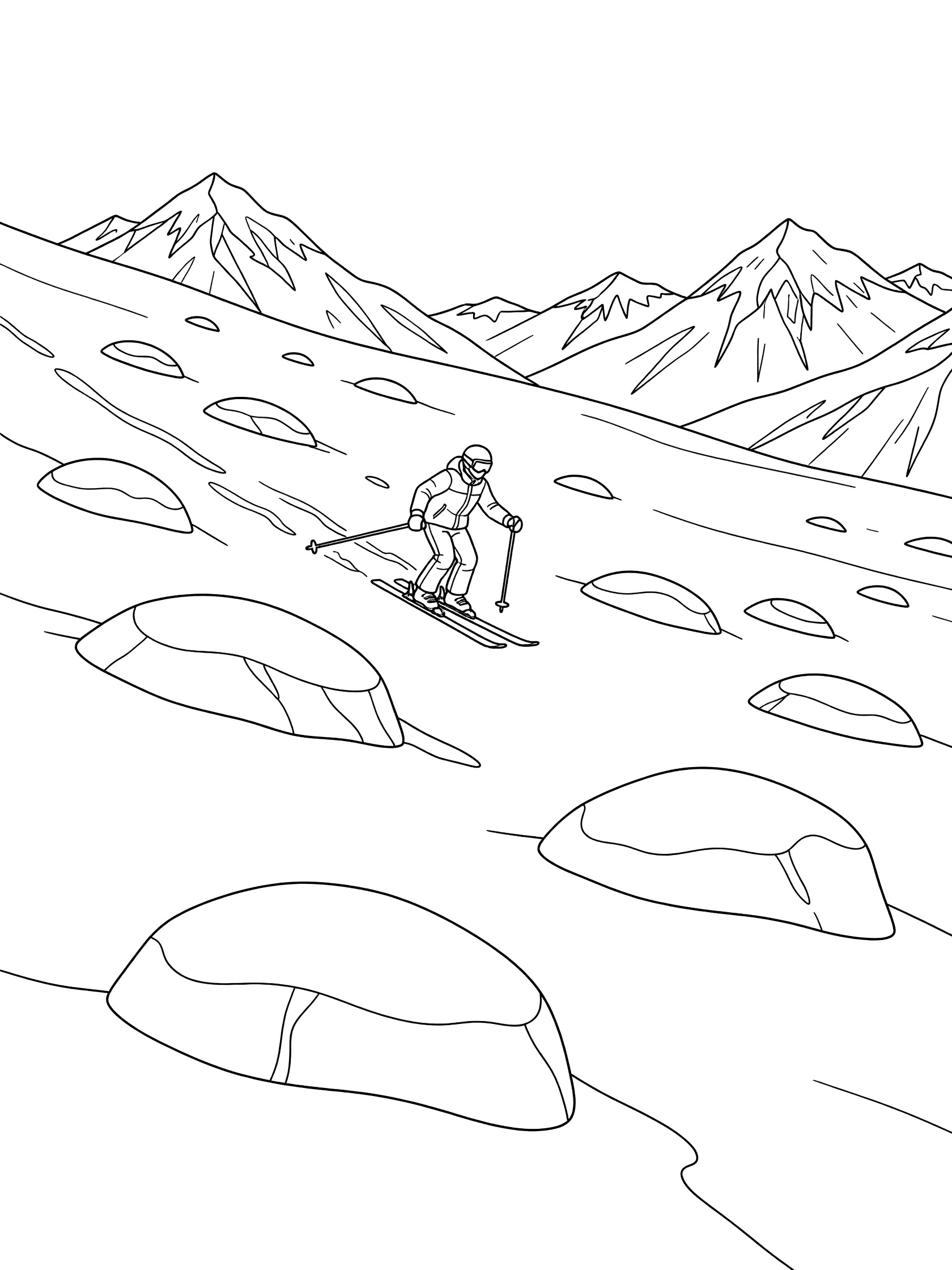 Black-and-white coloring page showing a skier in action navigating wide spaced moguls on a vast open snowy slope, with snowy mountains in the background.