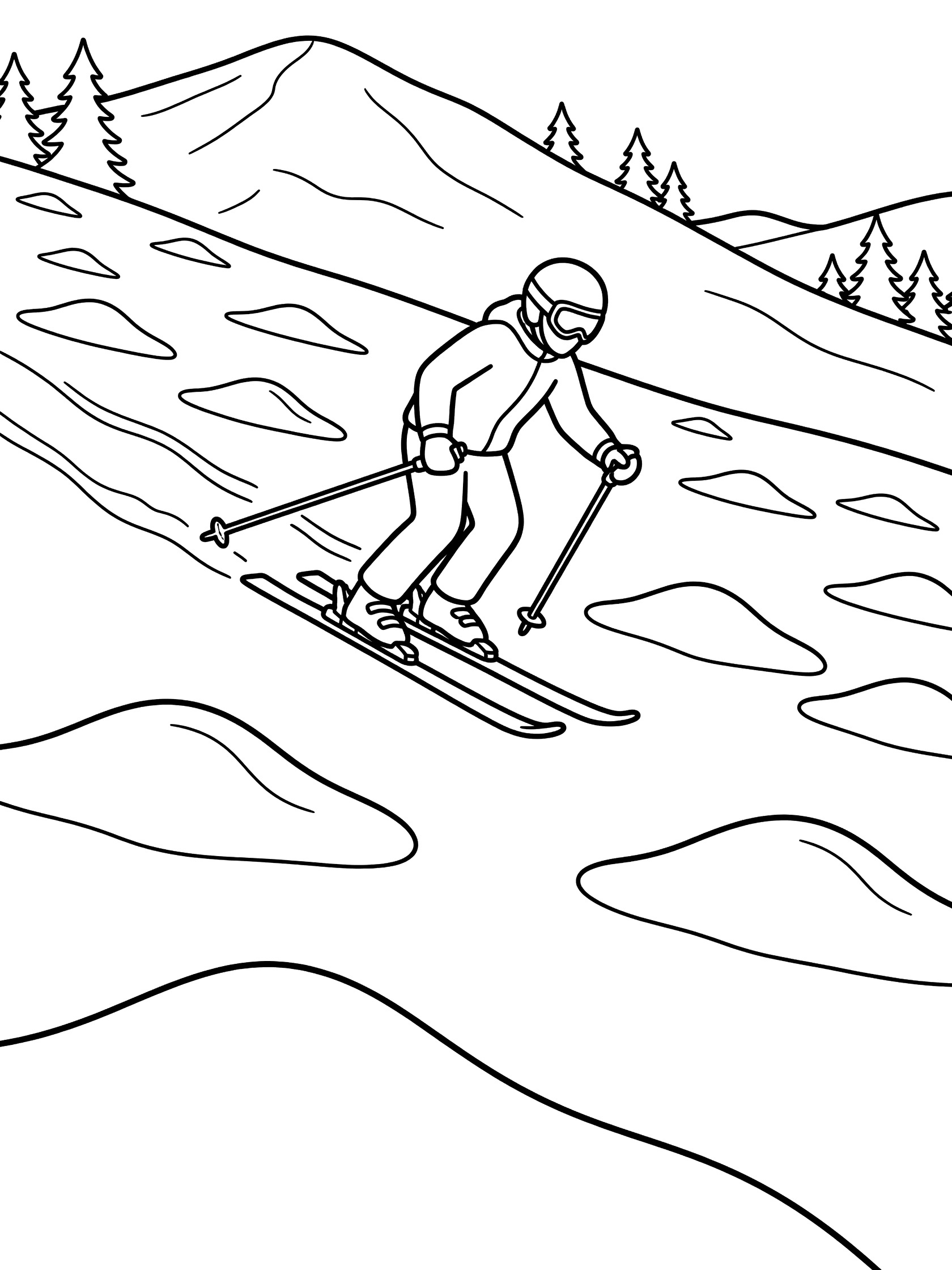 Black and white coloring page showing skier in helmet and goggles planting ski poles down a field of moguls on a mountain slope with trees.