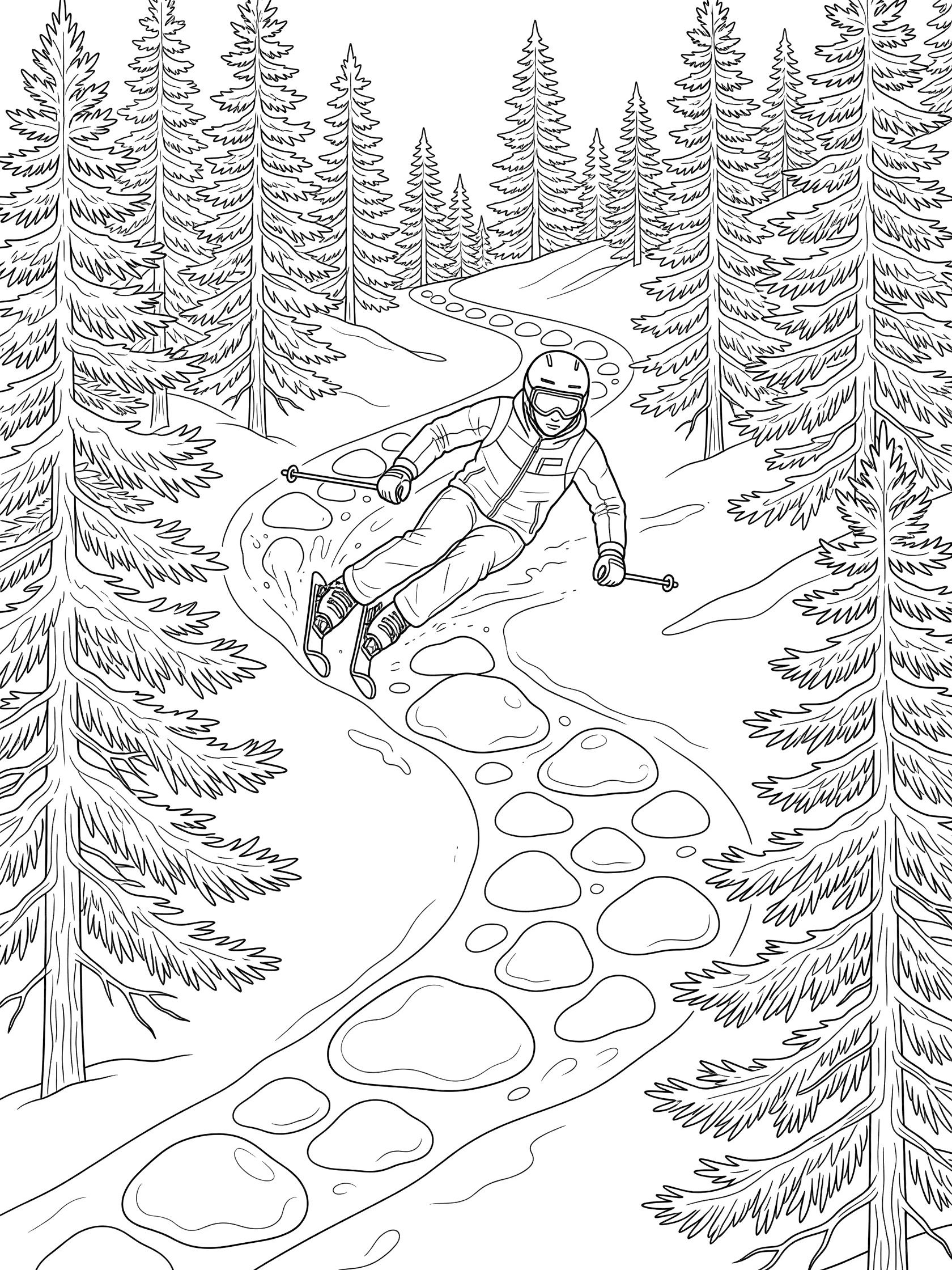 Black-and-white coloring page showing a skier in helmet and goggles twisting through moguls on a snowy slope lined with pine trees.