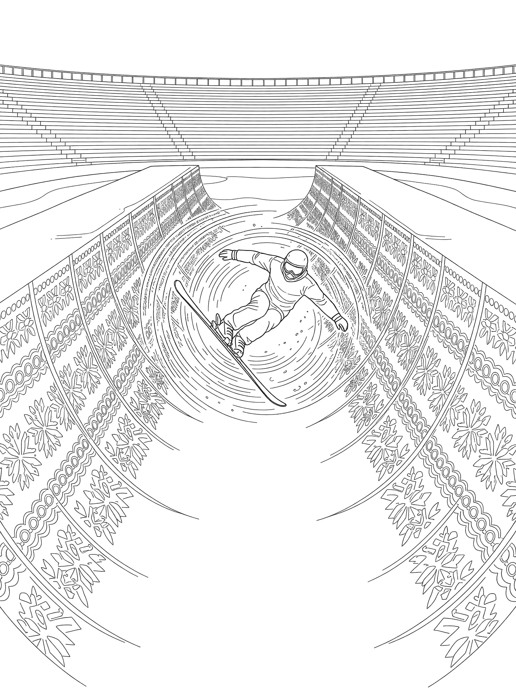 Line art coloring page showing a skier in helmet spinning with arms out and blurred skis in halfpipe, motion lines and symmetrical snow-covered walls.