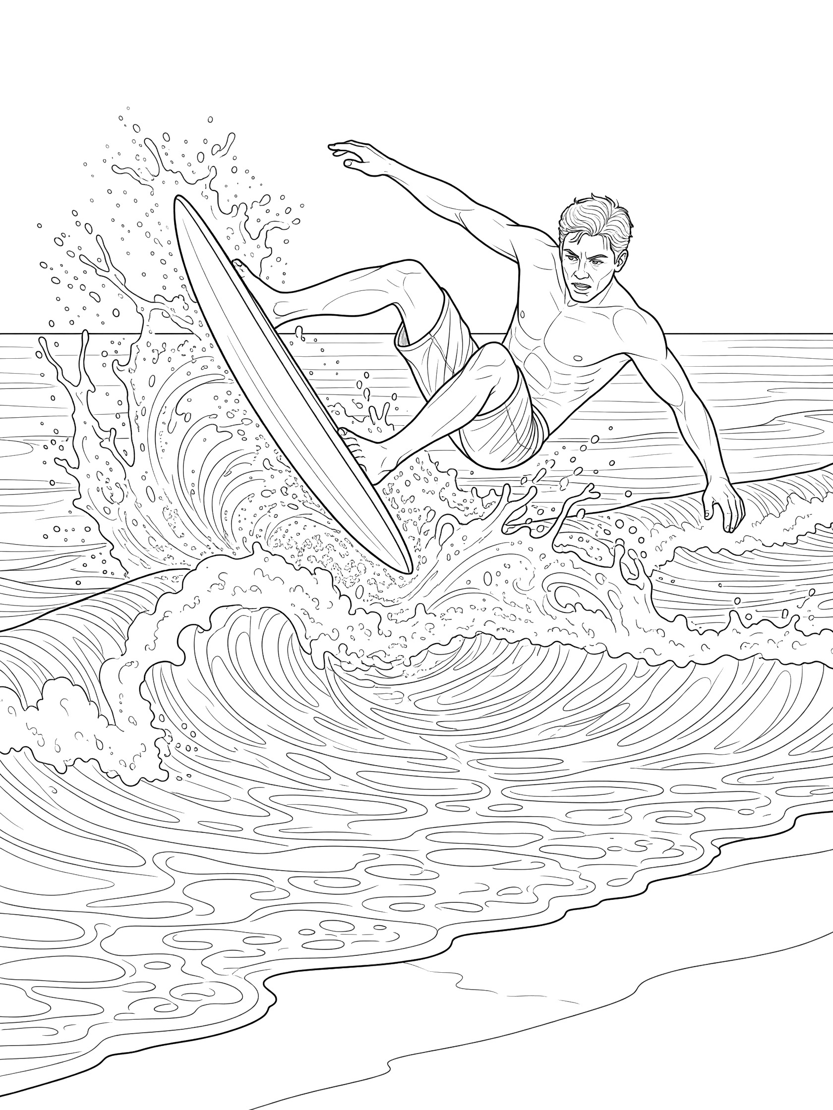 Black and white line art of a skimboarder in mid-air performing a board flip trick on shallow waves at the beach