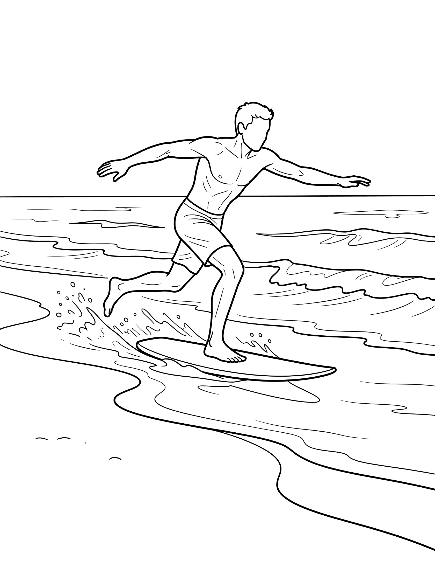 Line art coloring page showing a skimboarder in swim trunks running on beach sand, throwing a skimboard into shallow ocean waves with water splashes.