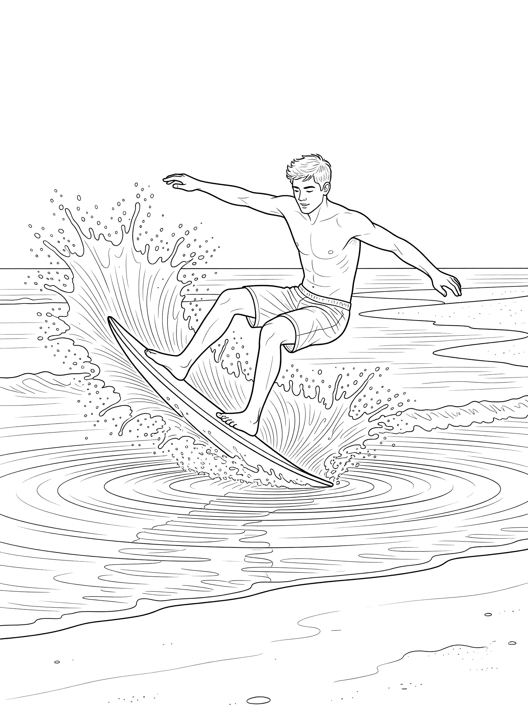 Line art coloring page showing a skimboarder in board shorts performing a 360-degree spin on a skimboard in shallow water with spray and sandy beach.