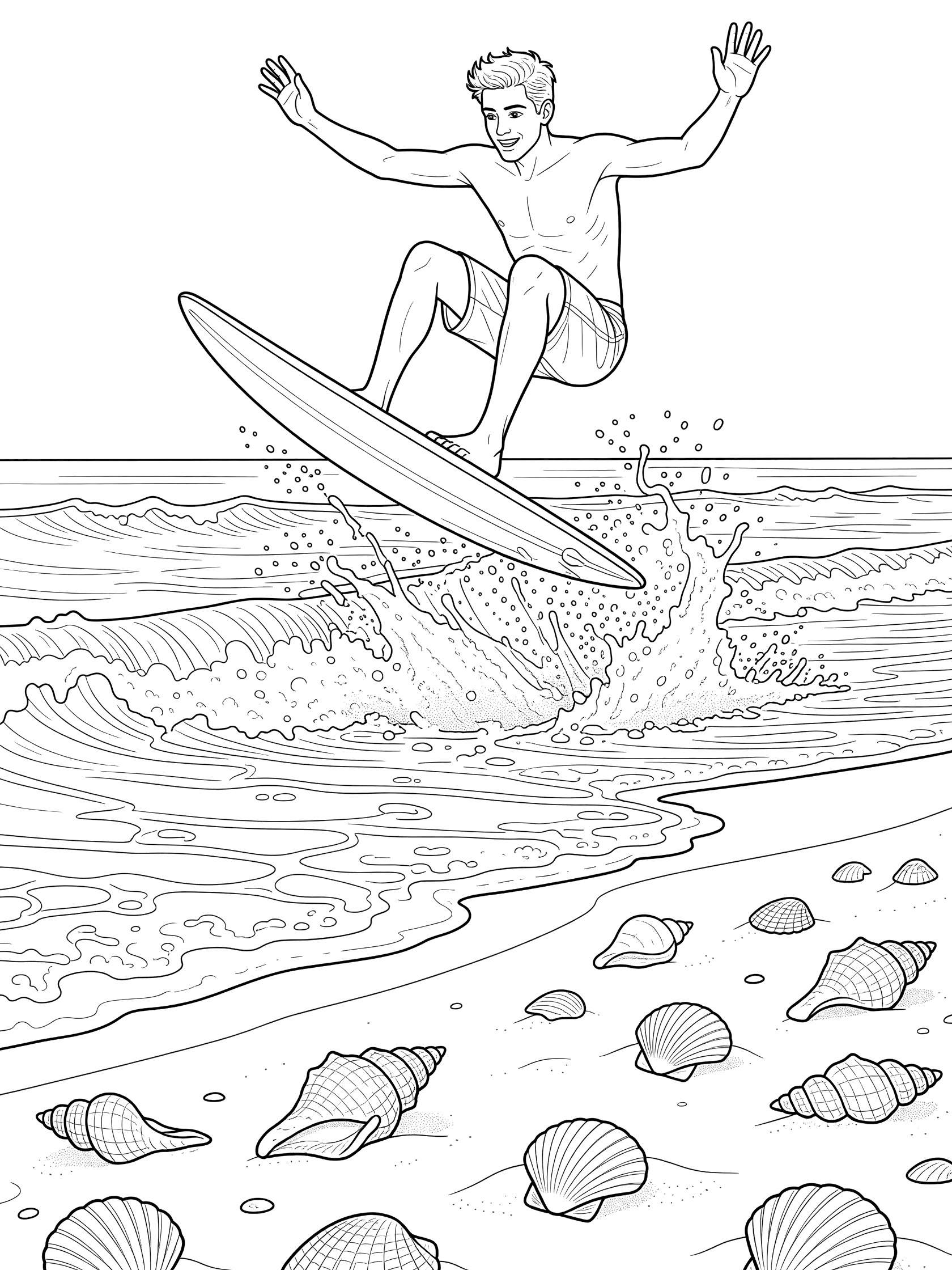 Black and white line art of skimboarder jumping high on board over shallow foamy water on beach with seashells on sand