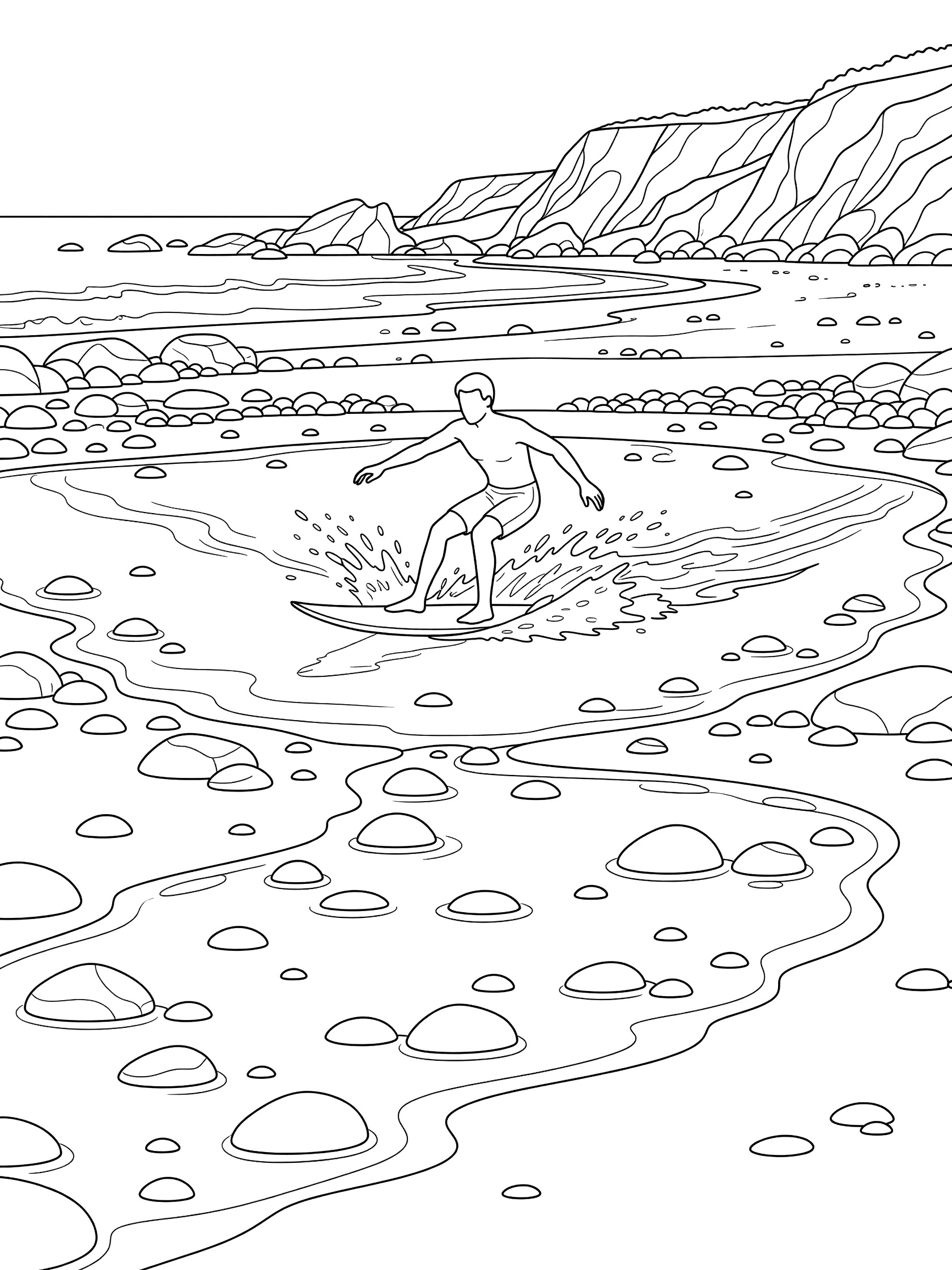 Skimboarding coloring page showing a rider on an arched board skimming over rocks in tidal pools with beach cliffs and water splashes