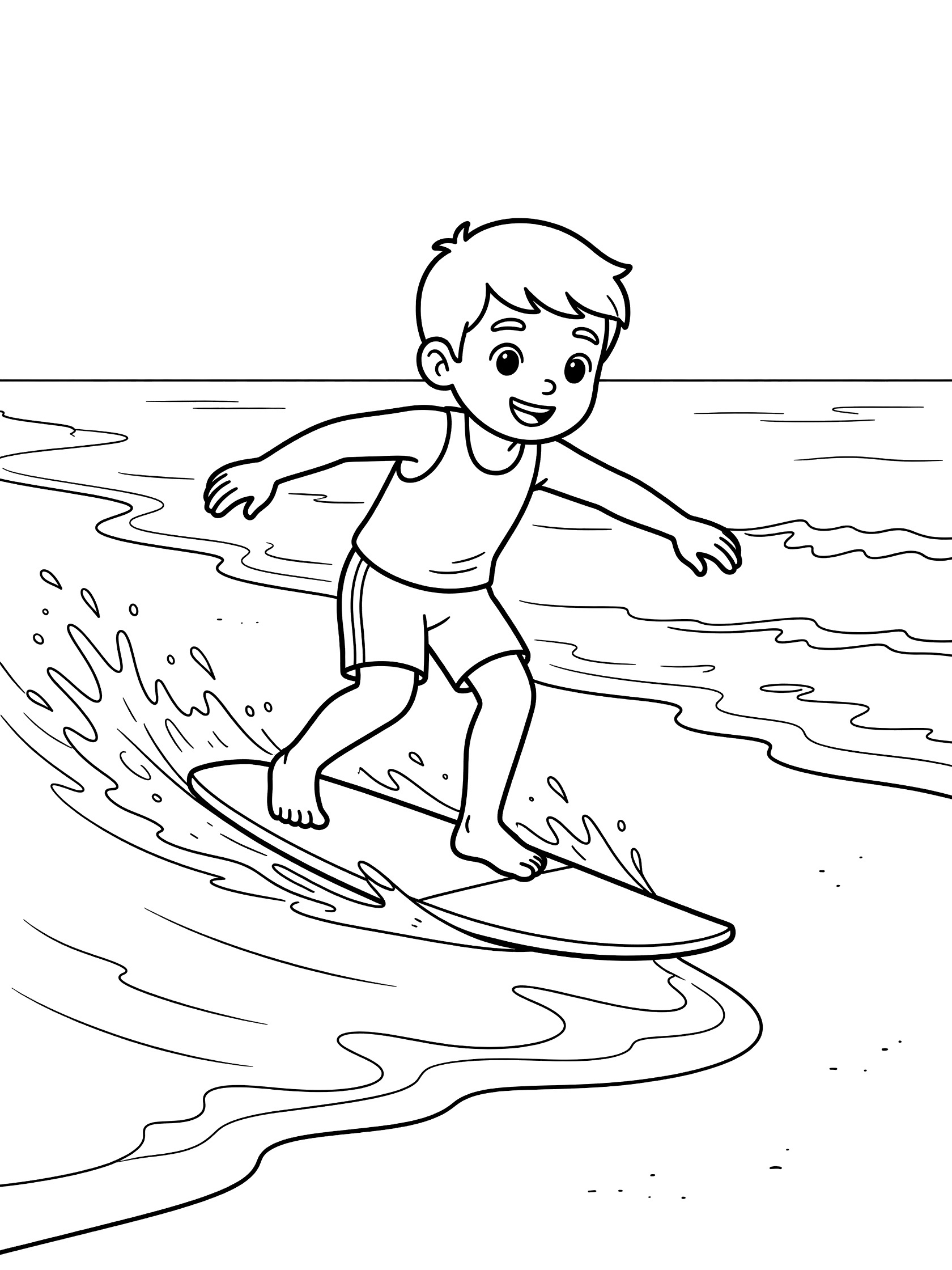 Cute kid doing a sharp turn on a skimboard along the shoreline with waves lapping at the board, clean line art coloring page