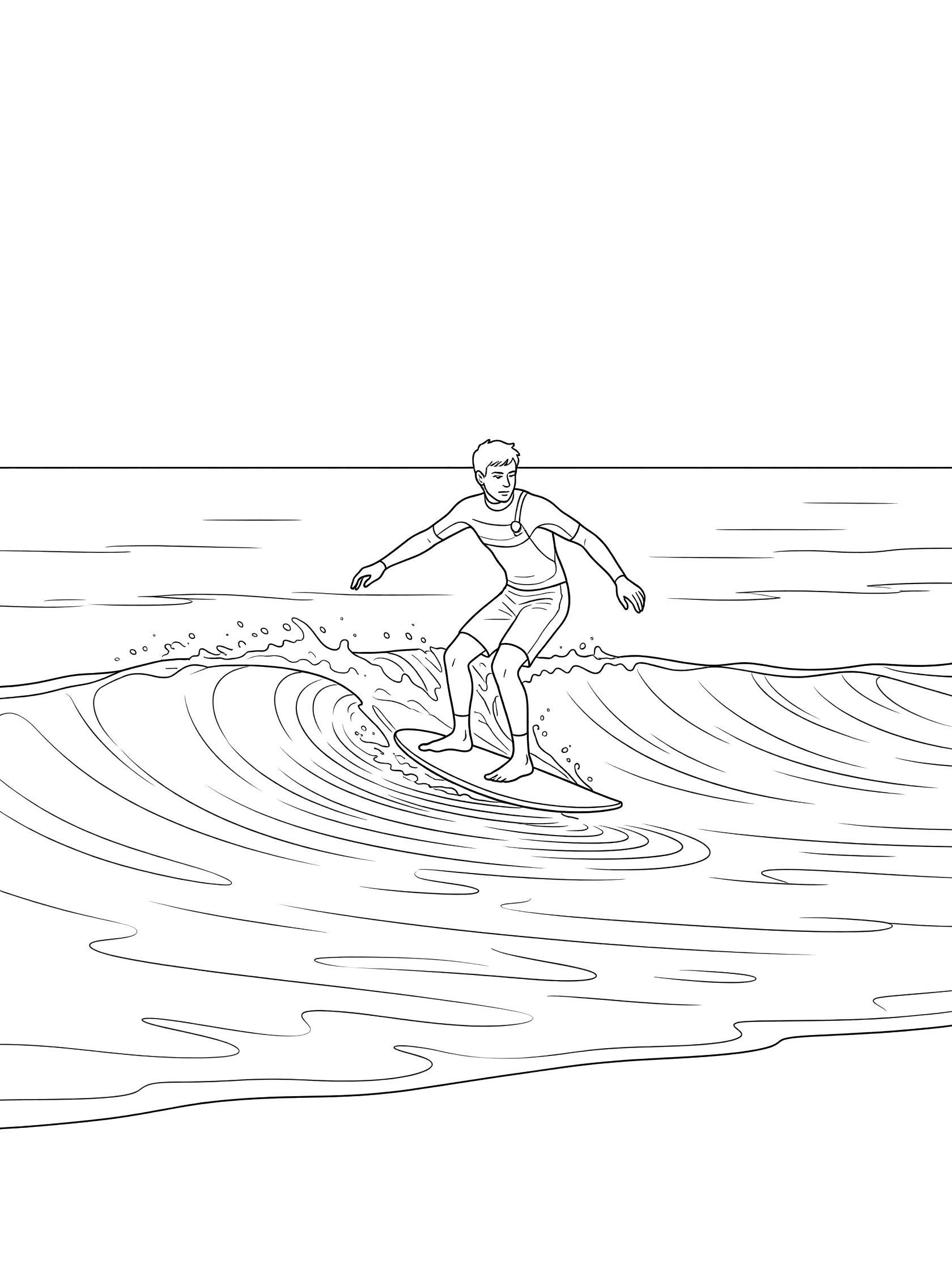 Black and white line art of a skimboarder riding a small incoming wave, knees bent low on the board with rippling water and beach horizon.