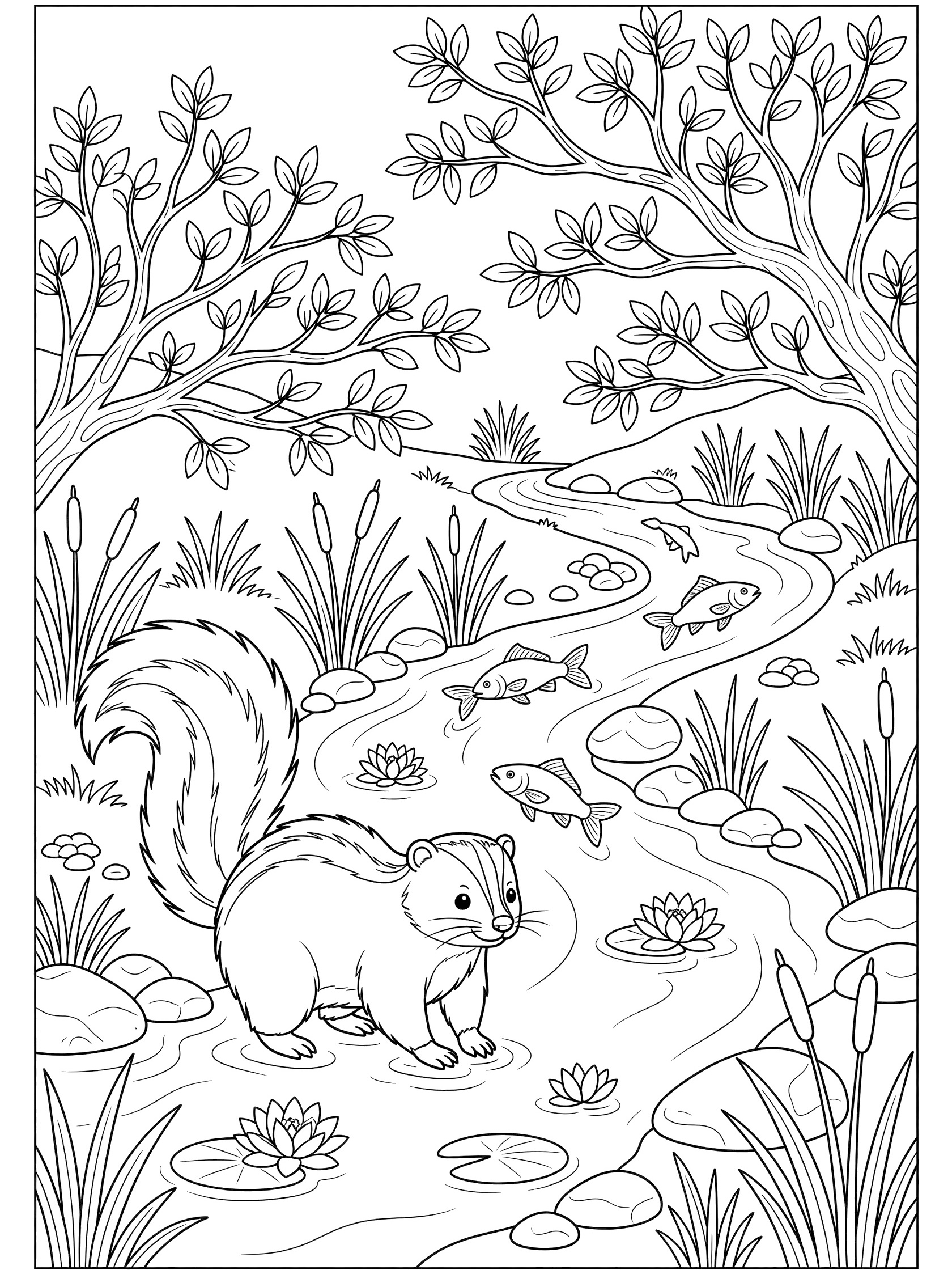 Black and white line art coloring page showing a chubby skunk dipping paws into a stream with jumping fish, pebbles, reeds, water lilies, and leafy branches overhead.