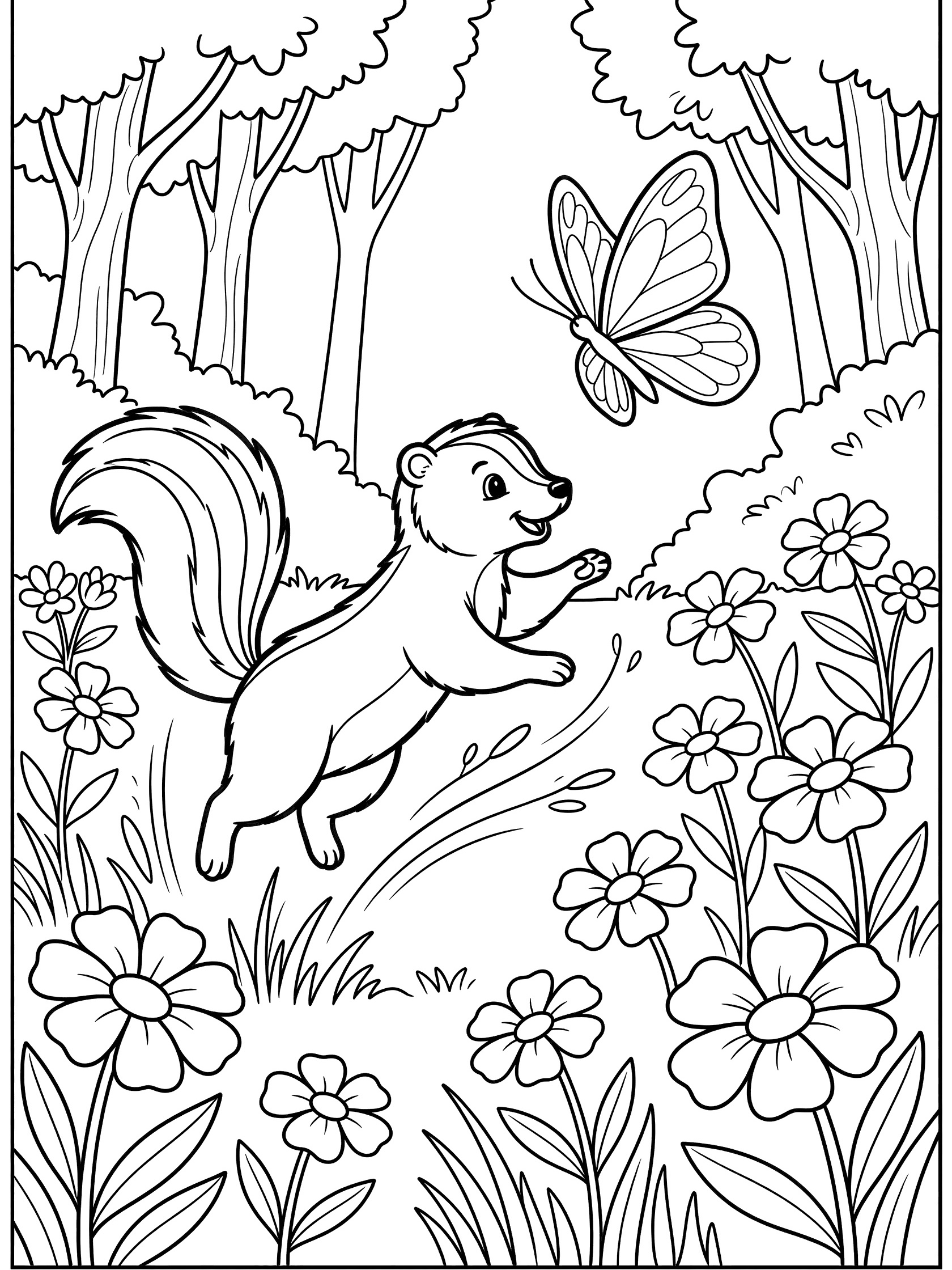 Black and white line art coloring page showing a skunk leaping toward a butterfly with wings spread, surrounded by flowers, grass, and forest trees.