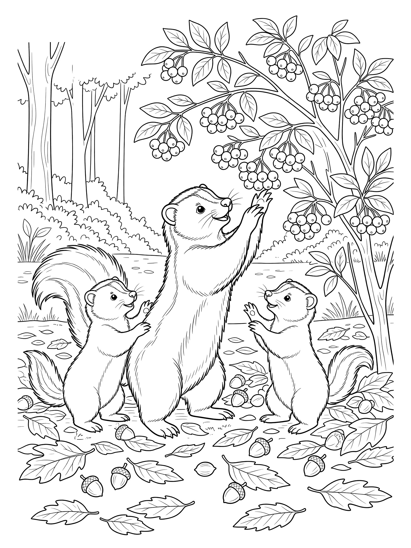 Printable coloring page showing mother skunk with two baby skunks picking berries from a bush surrounded by trees, leaves, and acorns