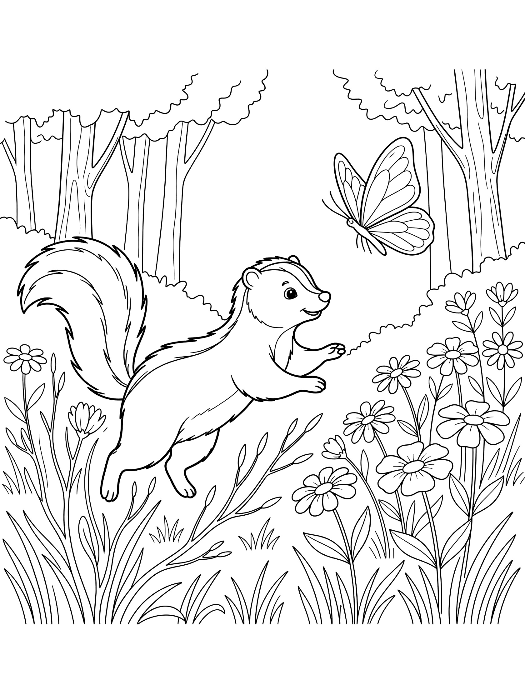Black and white line art coloring page showing a skunk leaping playfully toward a butterfly above flowers with trees and grass in a forest glade.