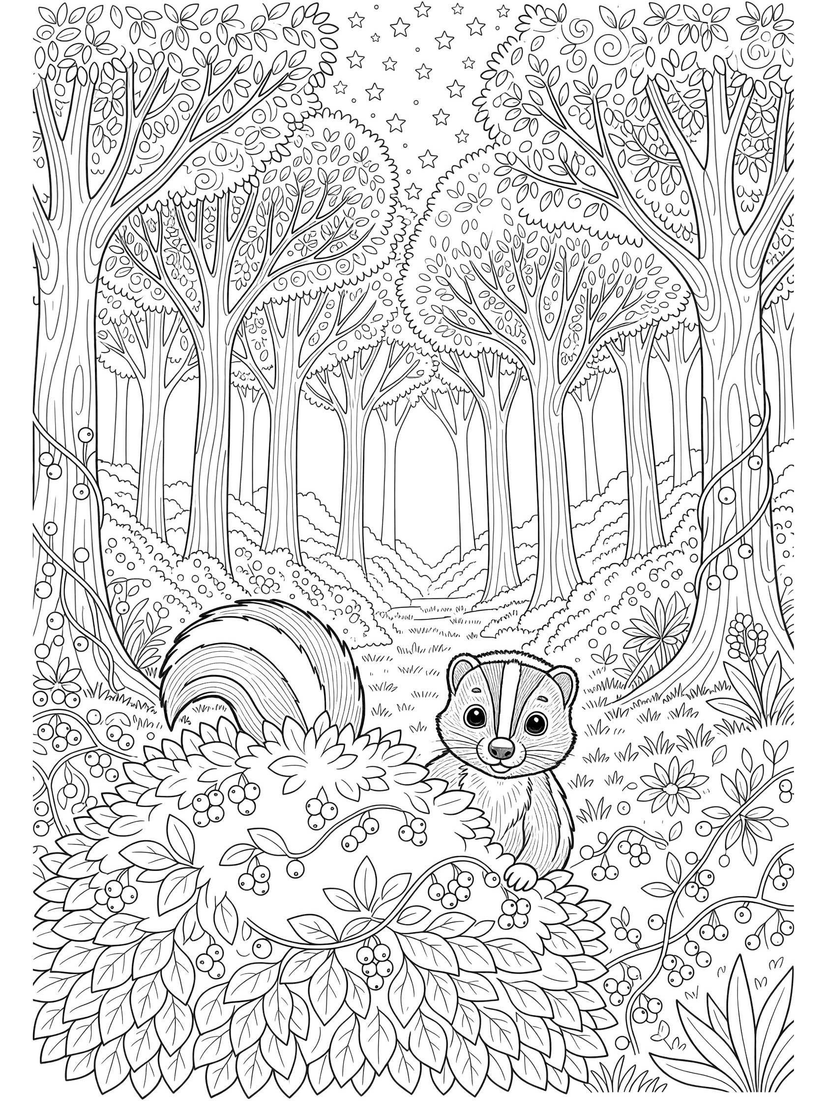 Black and white line art coloring page showing a wide-eyed skunk hiding behind a large bush in a magical forest with trees, stars, vines, berries, and foliage.