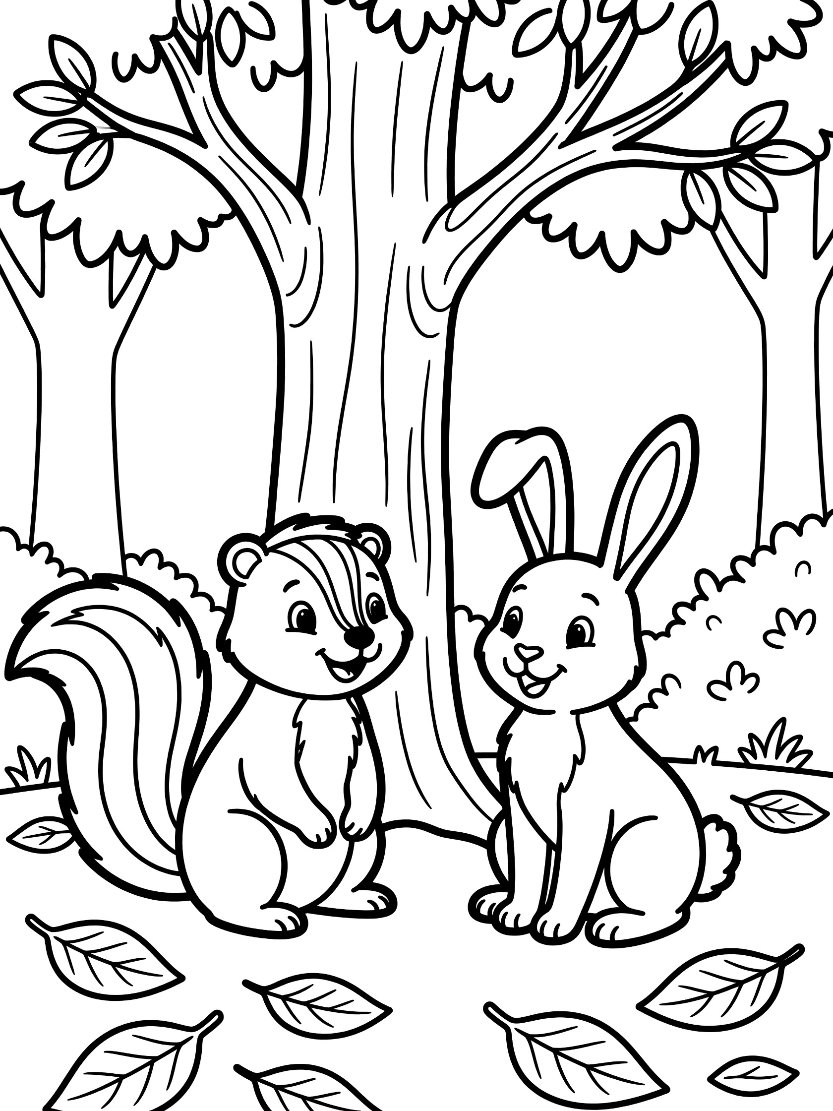 Printable coloring page showing a cute skunk, squirrel and rabbit looking at each other under a big tree with leaves on the ground in a forest scene