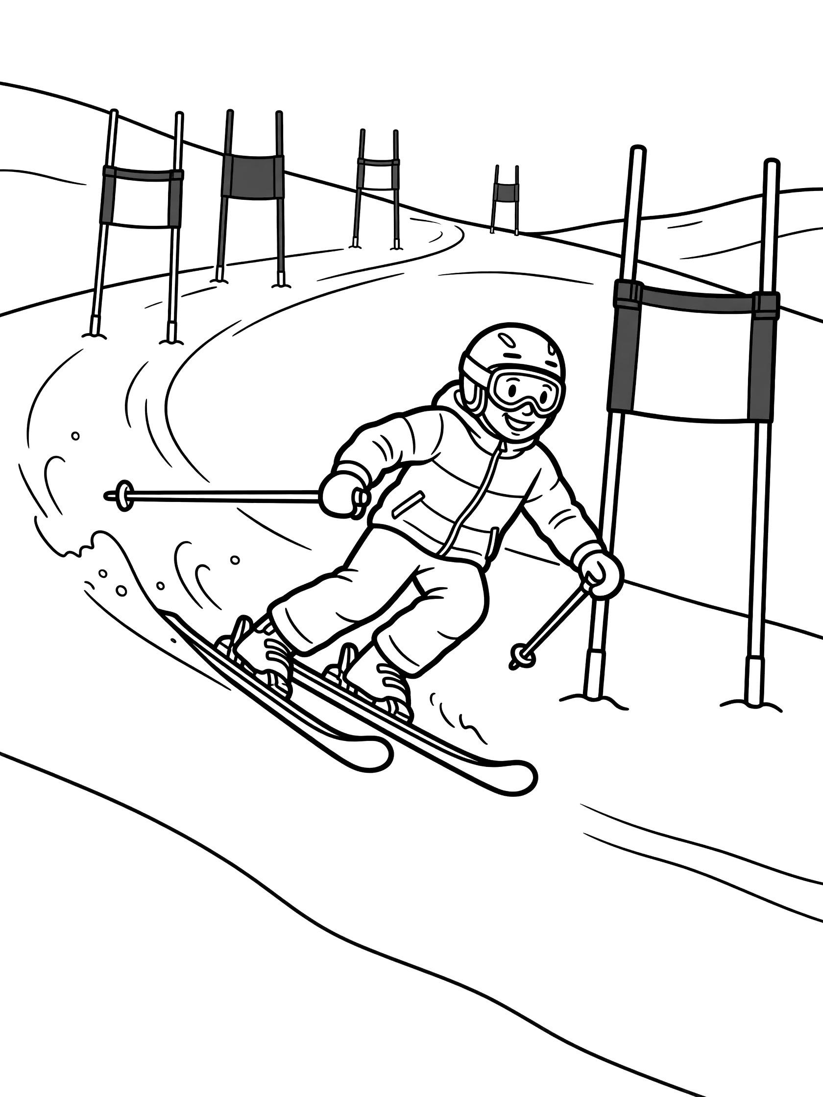Black and white line art of a cheerful slalom skier in helmet and goggles, leaning into a sharp left turn around a red and white gate, skis edged in snow, poles out, with gates on the hillside.