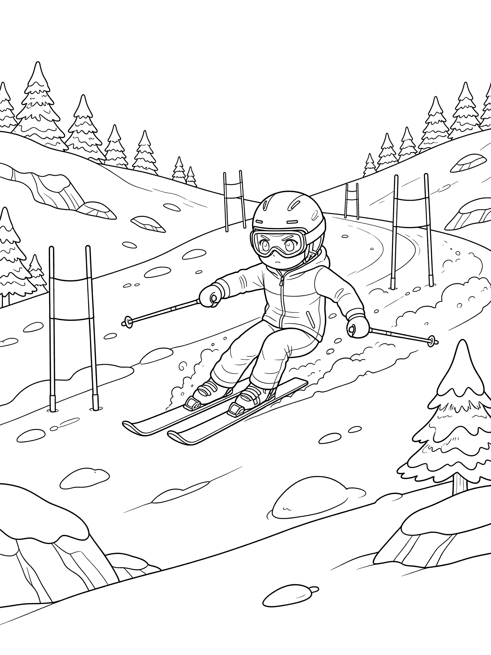 Black-and-white coloring page of a slalom skier in helmet and goggles turning through gates on a mogul slope with trees and snowy rocks.