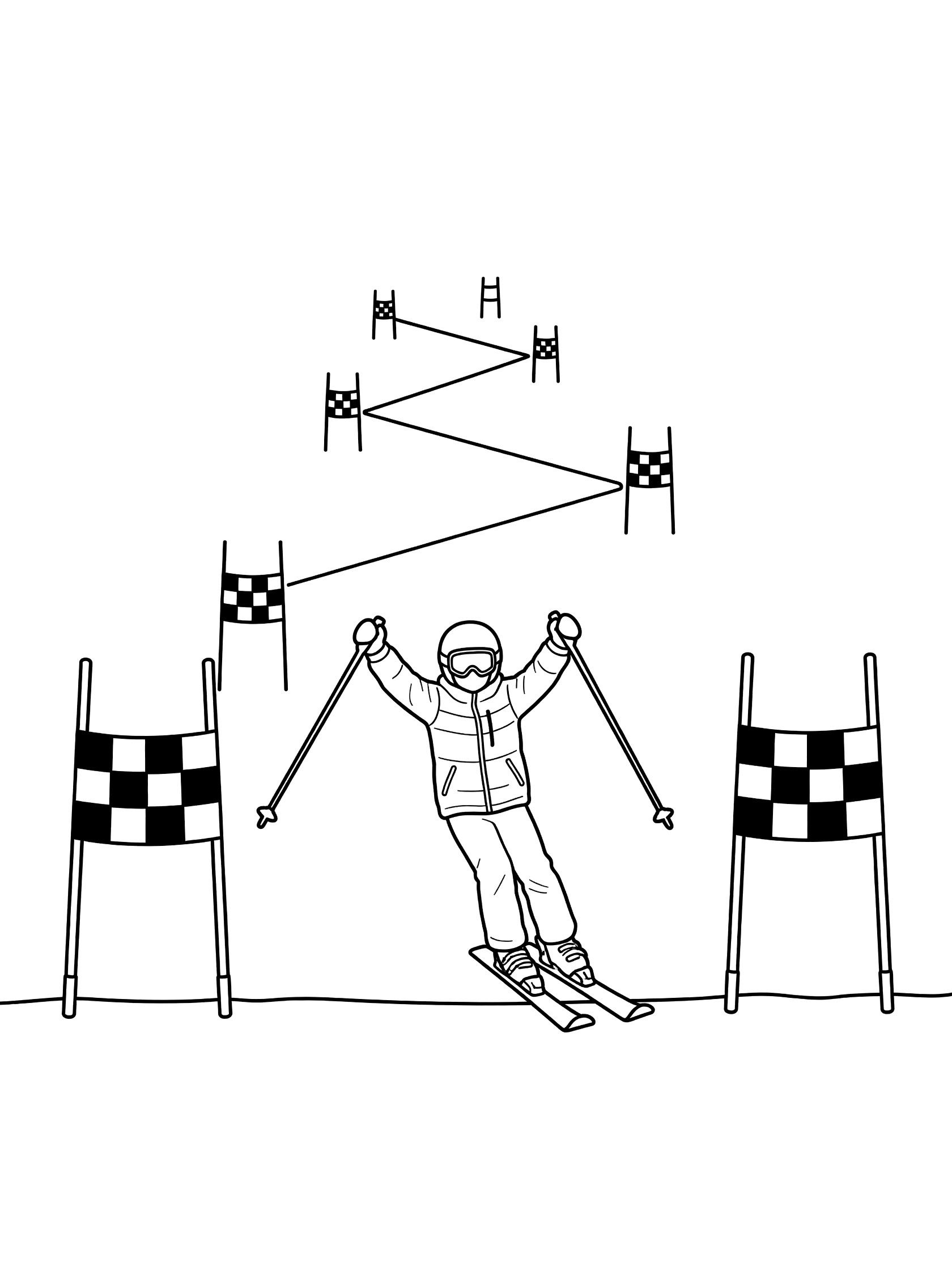Black and white coloring page of a slalom skier in helmet and gear crossing the finish line marked by checkered flags, with slalom gates above.