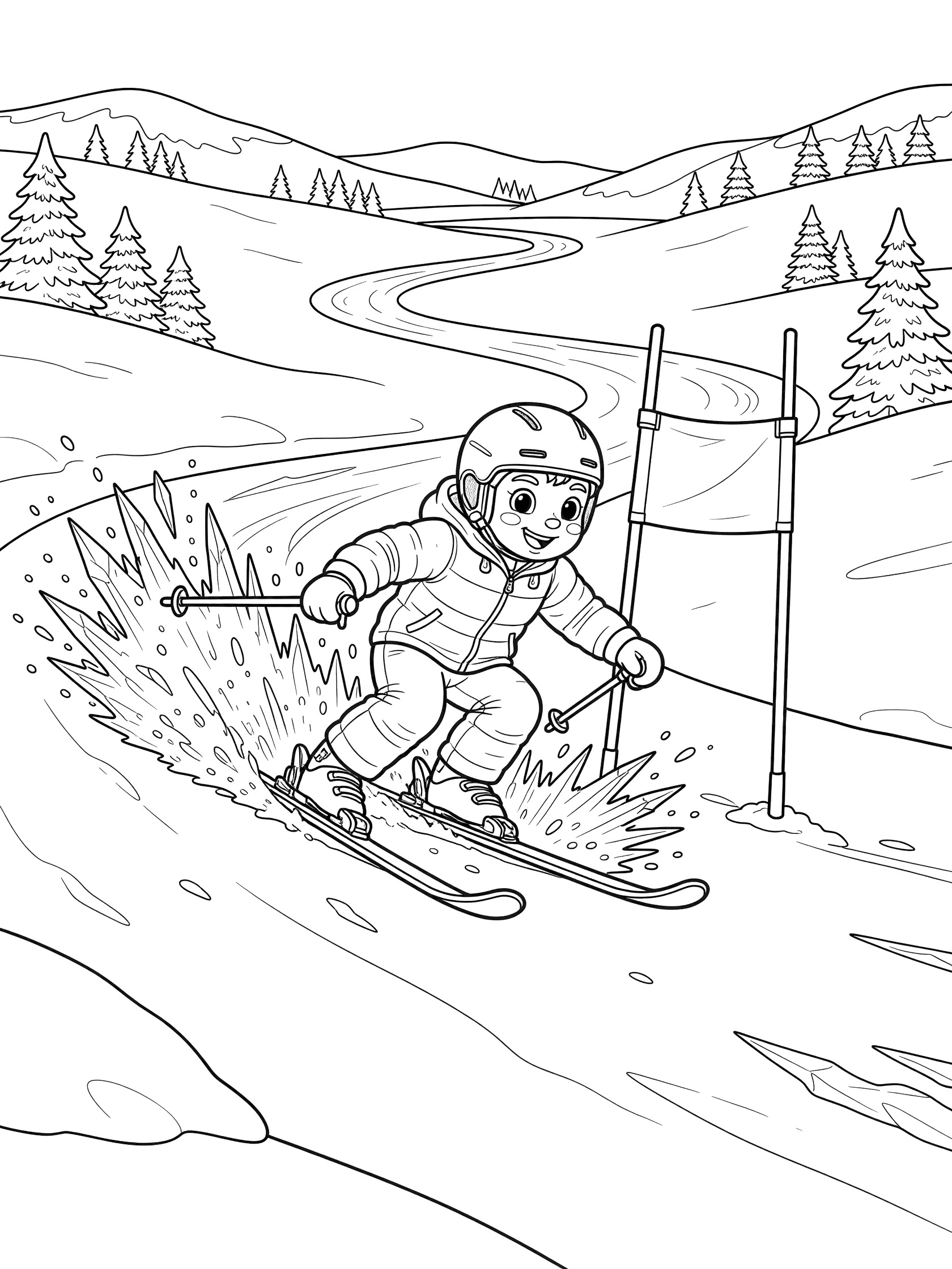 Cute cartoon slalom skier in helmet and jacket edging skis on icy slope, ice spray flying, approaching slalom gate with snowy hills, trees, and river.