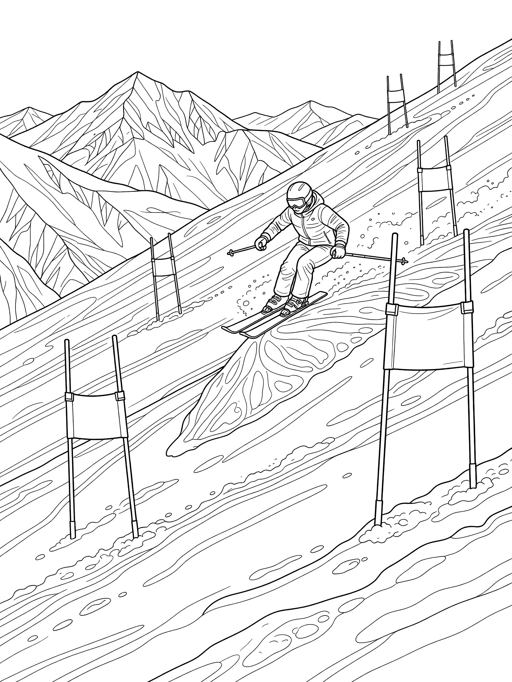 Black and white coloring page showing a slalom skier in mid-air jump over a bump, skis flexed, poles tucked, carving between slalom gates on uneven snowy slope with distant mountains.