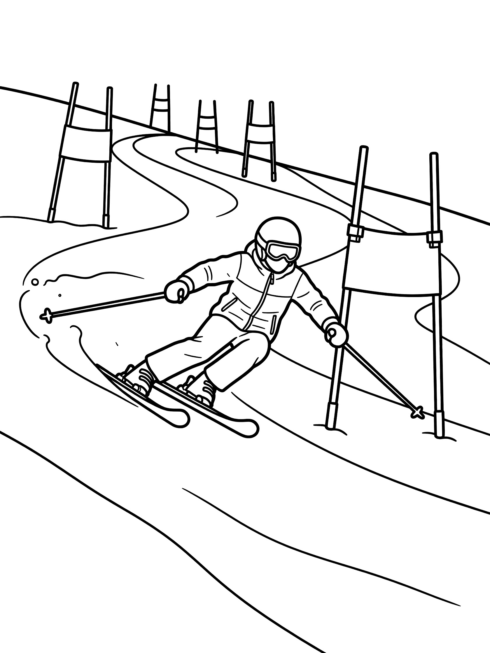 Black and white coloring page of a slalom skier in helmet and jacket planting ski pole at gate, turning on snowy slope with more gates ahead.