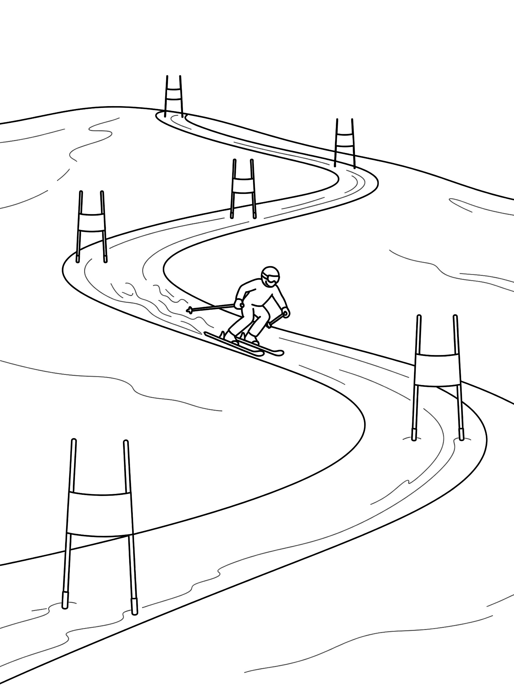 Black-and-white coloring page showing a slalom skier in a low racing pose passing alternating gates on a curvy snow trail.