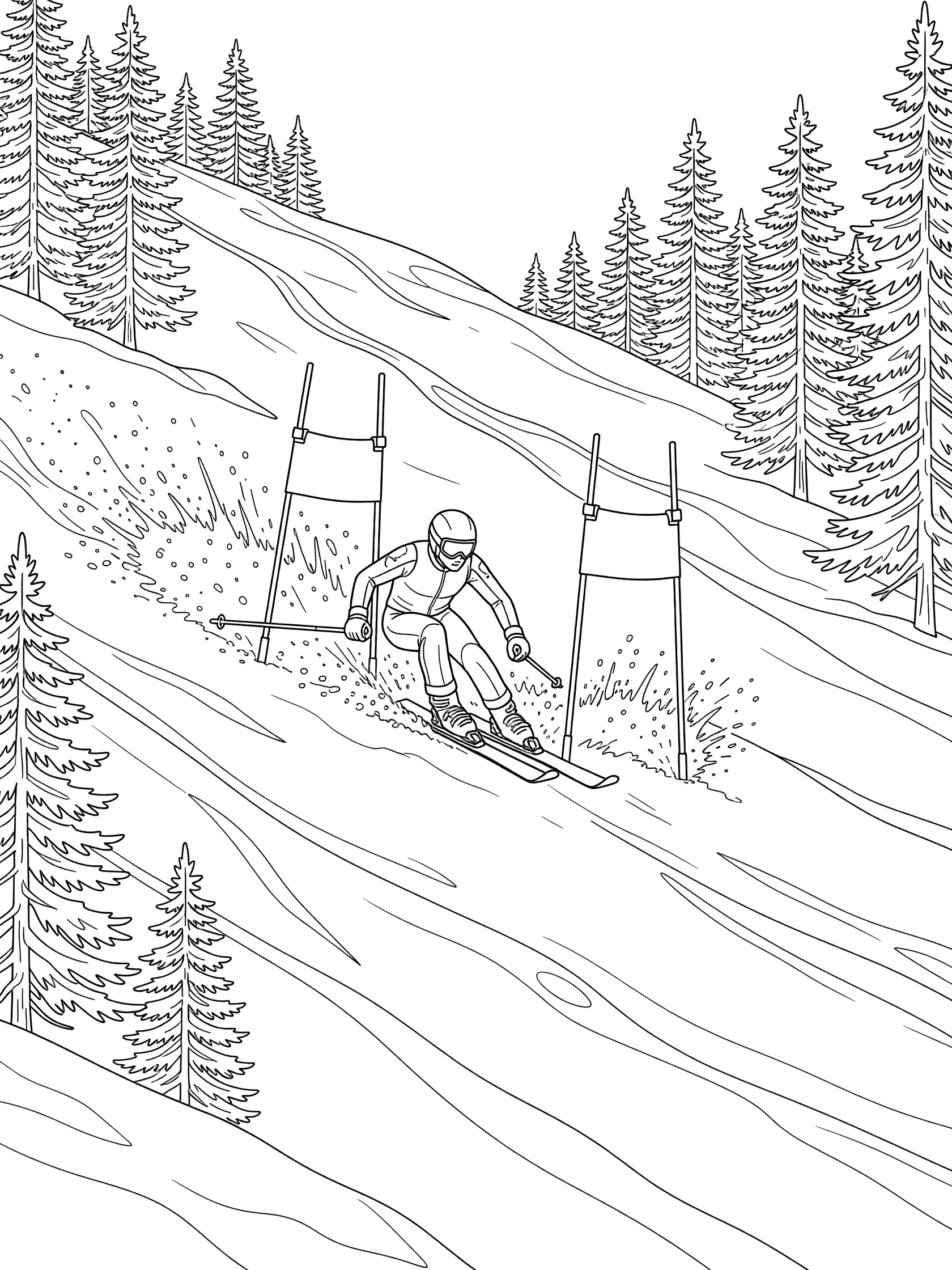 Black-and-white coloring page of a slalom skier speeding downhill in tuck position between two close gates, snow spraying from skis, pine trees on mountain slope.