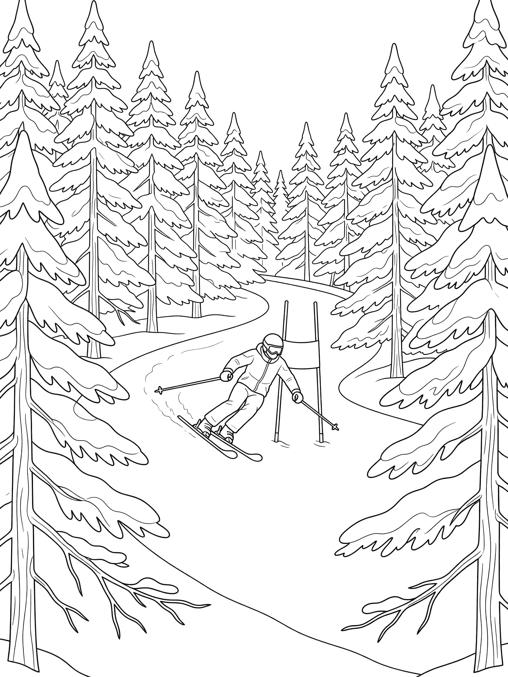 Black-and-white coloring page of a slalom skier in a dynamic turn around red gate poles, surrounded by snowy evergreen trees on a forested ski run.