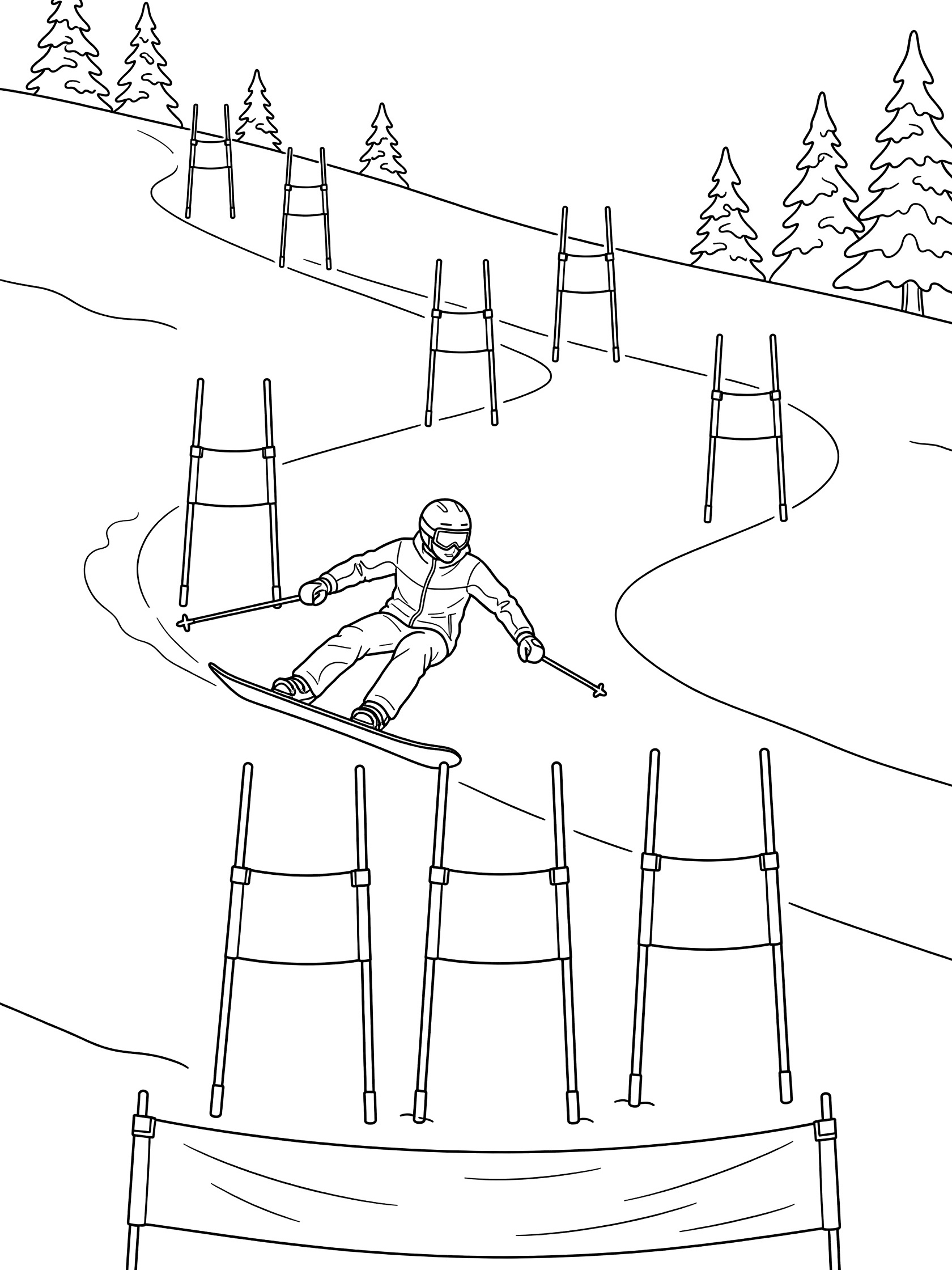 Black-and-white coloring page of a slalom snowboarder leaning into a turn near the final cluster of gates with a waving finish banner ahead on a snowy slope.