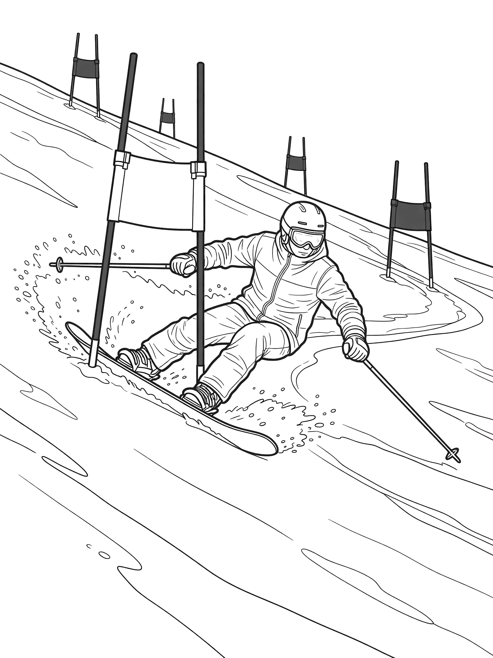 Black-and-white coloring page of a snowboarder in slalom action, leaning into a sharp left turn around a gate, digging edge into snow on steep hill with poles and more gates visible.