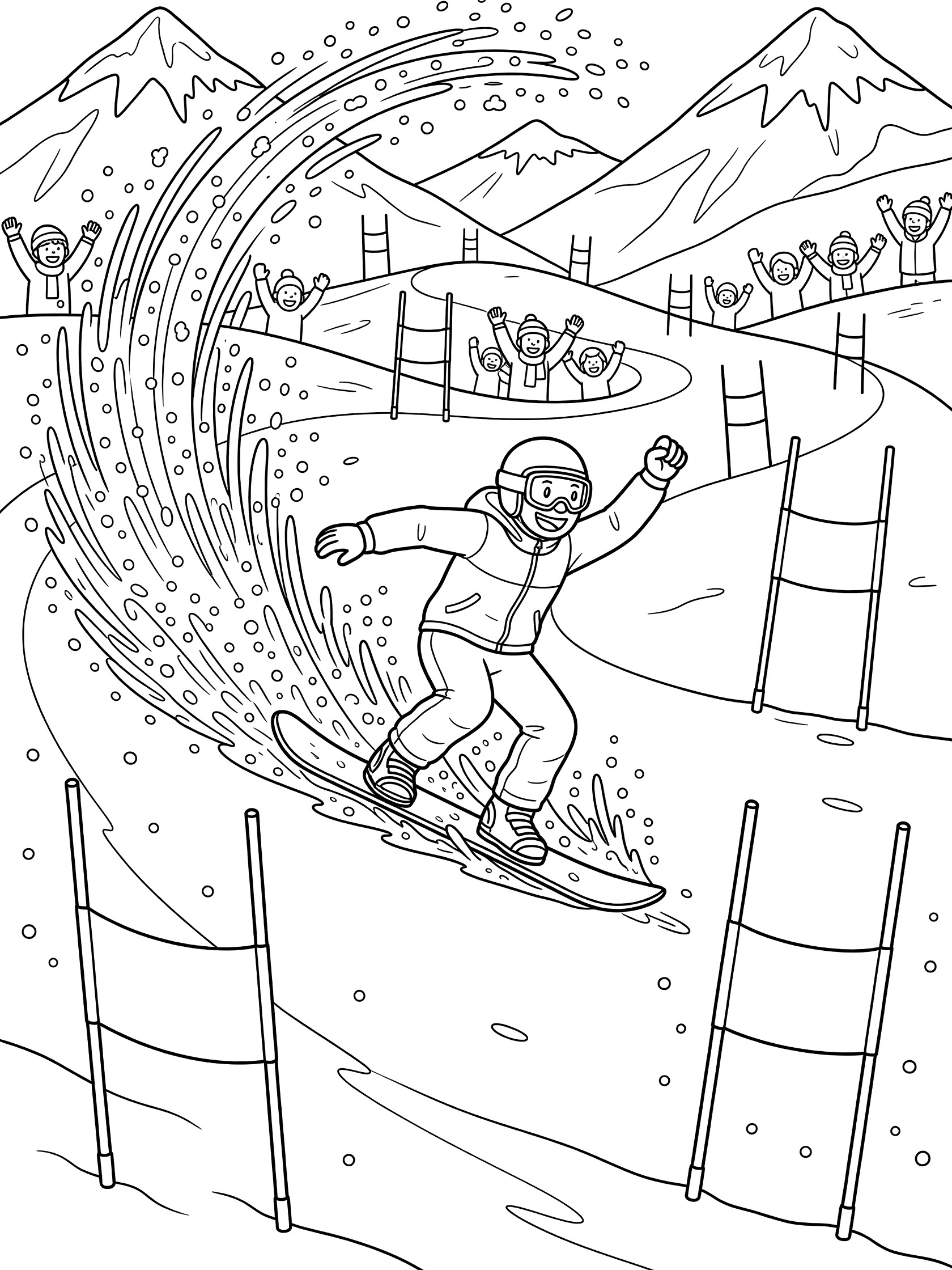 Black and white line art of a slalom snowboarder jumping over the finish line with raised arms, snow spray, gates, crowd cheering on snowy mountain course.